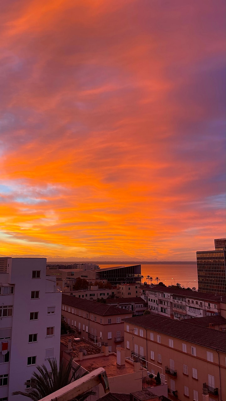 A high-angle view over an urban cityscape and water during a vivid orange and purple sunset.