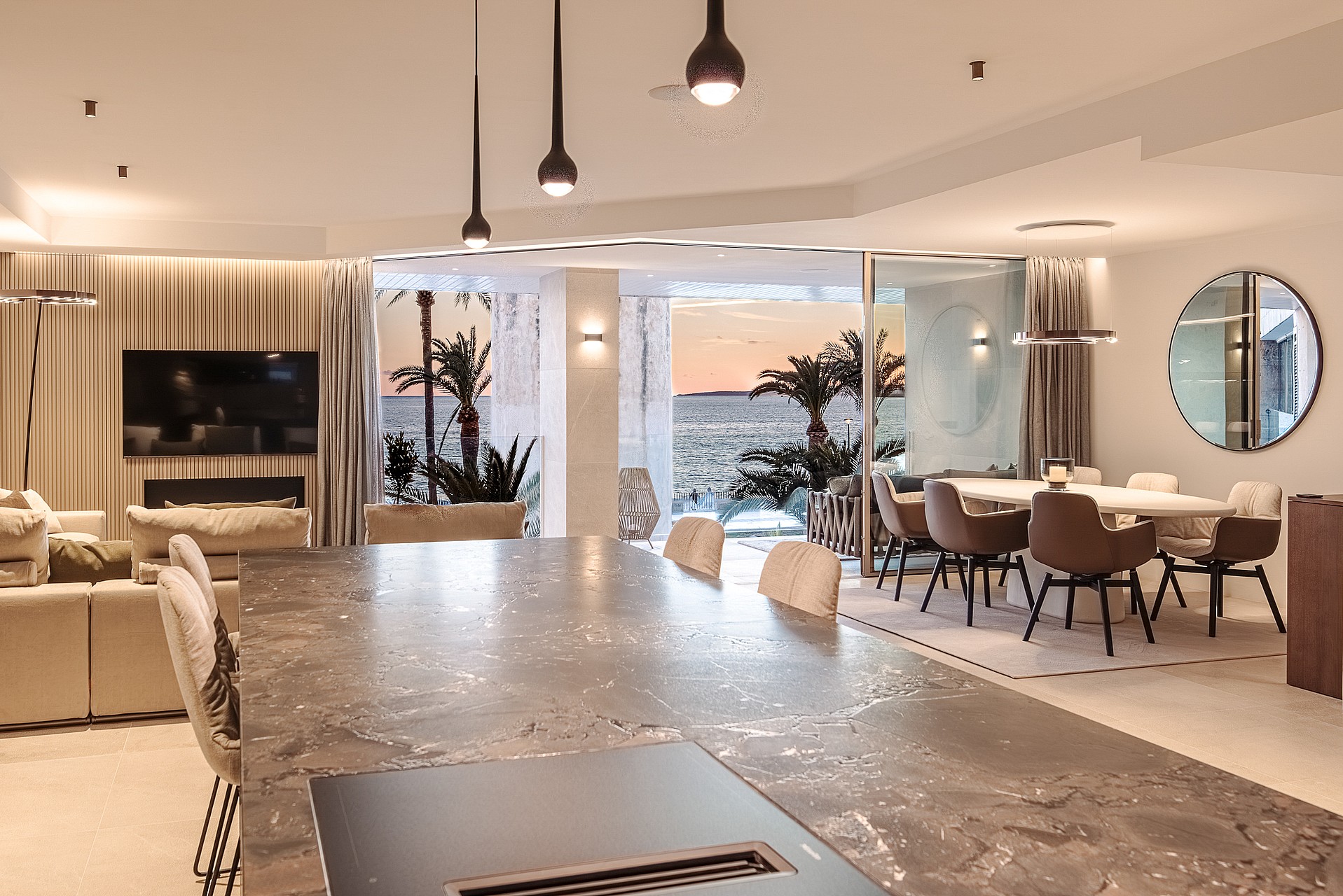 Kitchen island of the designer apartment in Portixol, Palma