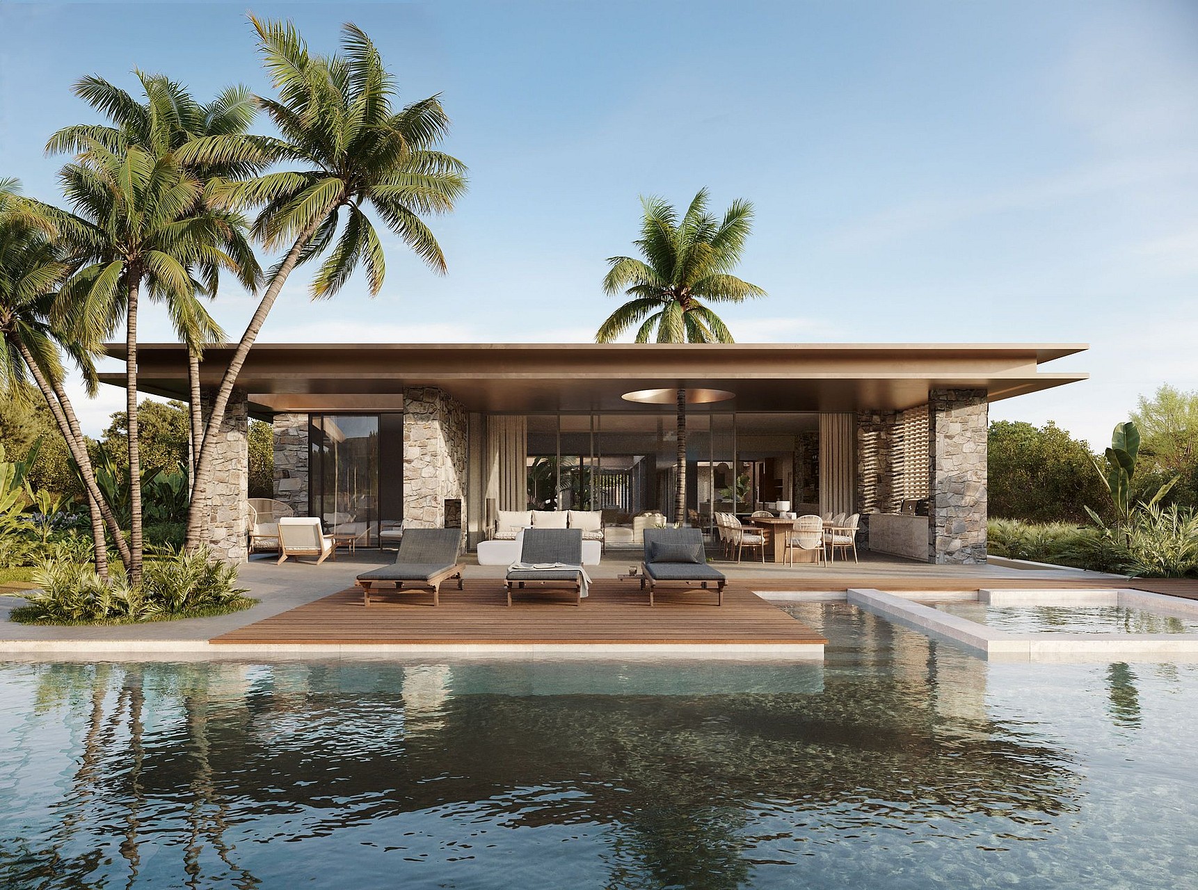 Modern villa facade with a wooden deck, swimming pool, and stone pillars, framed by palm trees under clear sky.