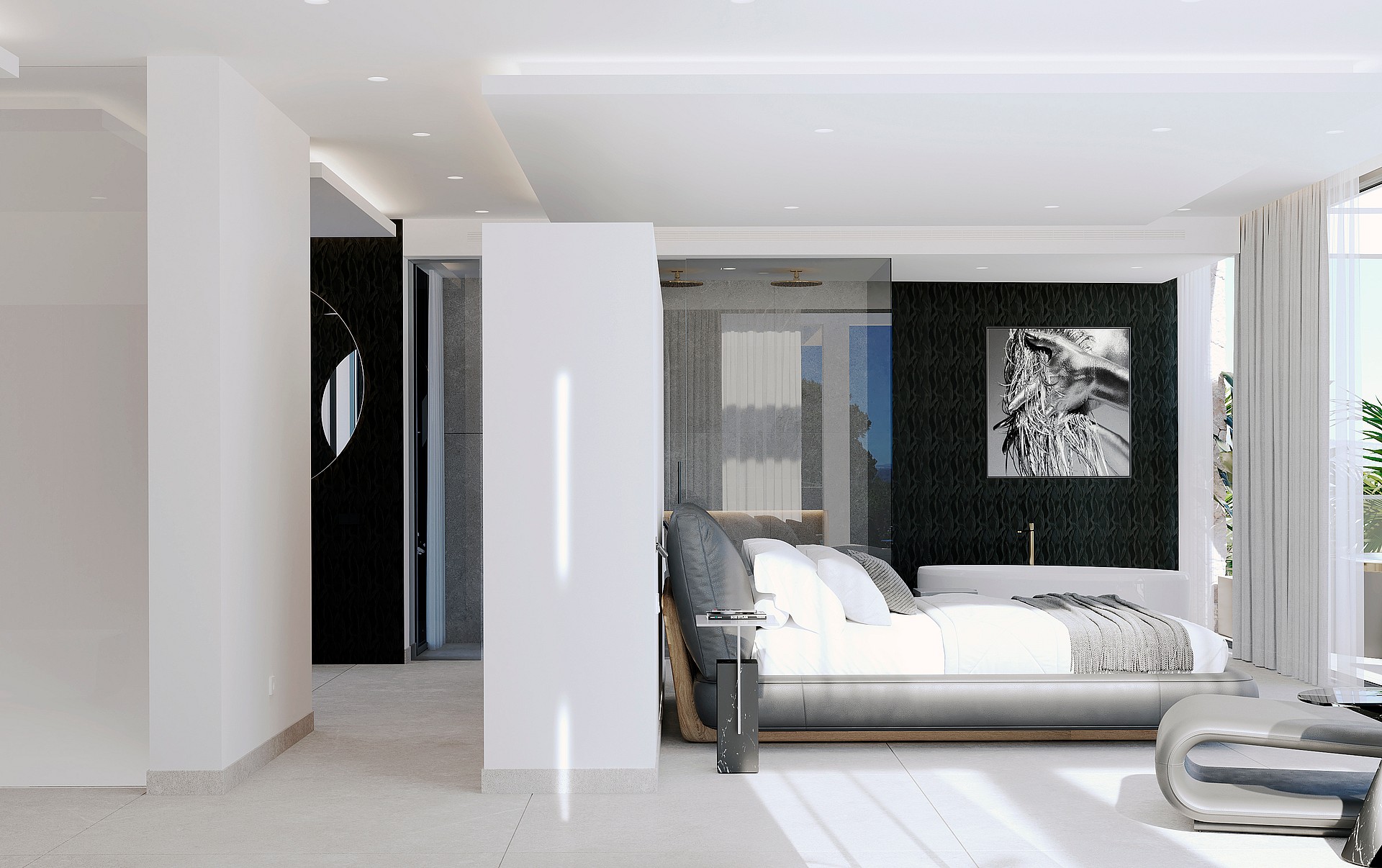 A modern master bedroom features a bed with grey headboard, positioned against a textured black feature wall with integrated lighting.