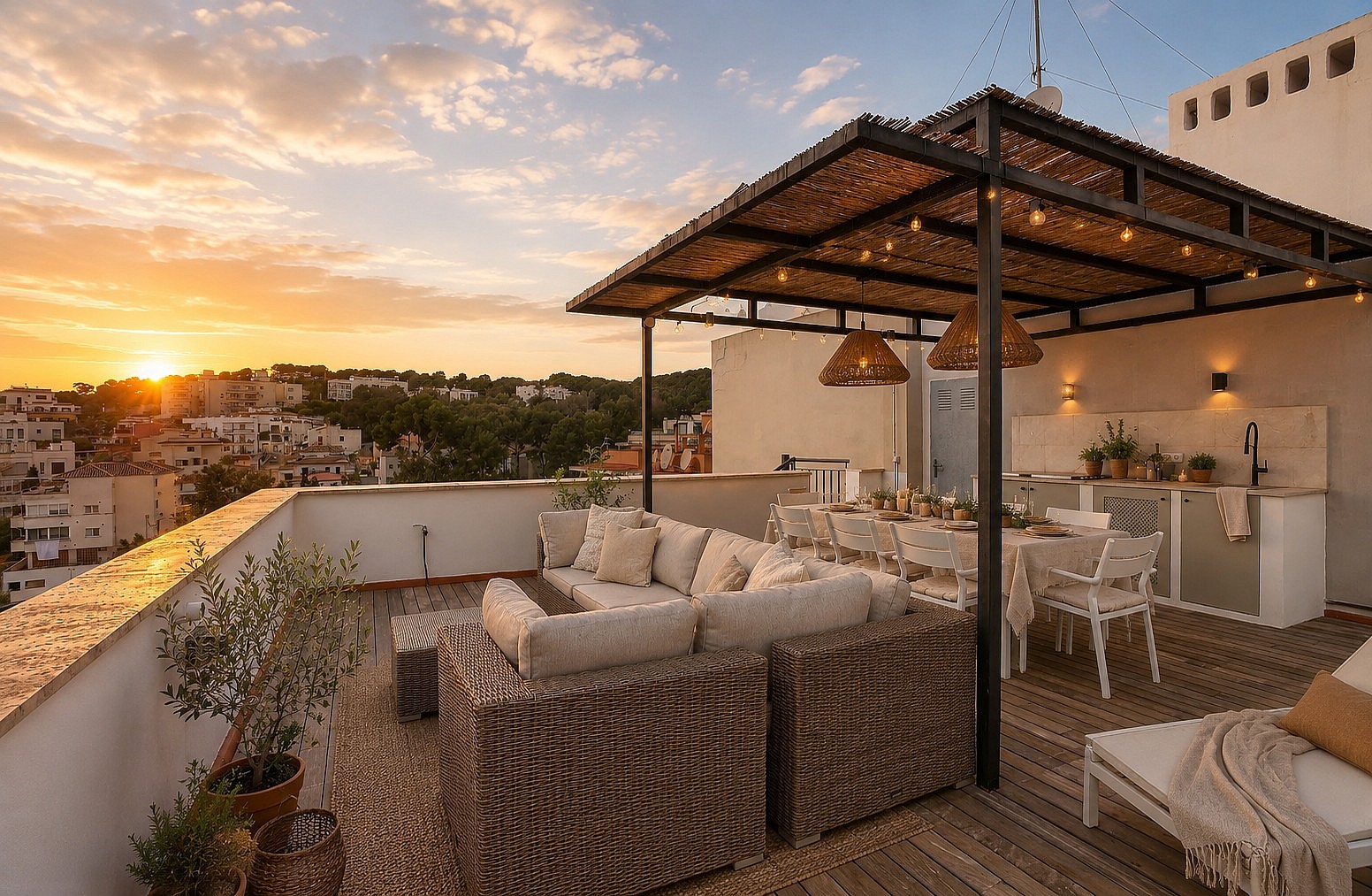 Rooftop terrace with wicker sofa, dining area, and outdoor kitchen at sunset in San Agustin.