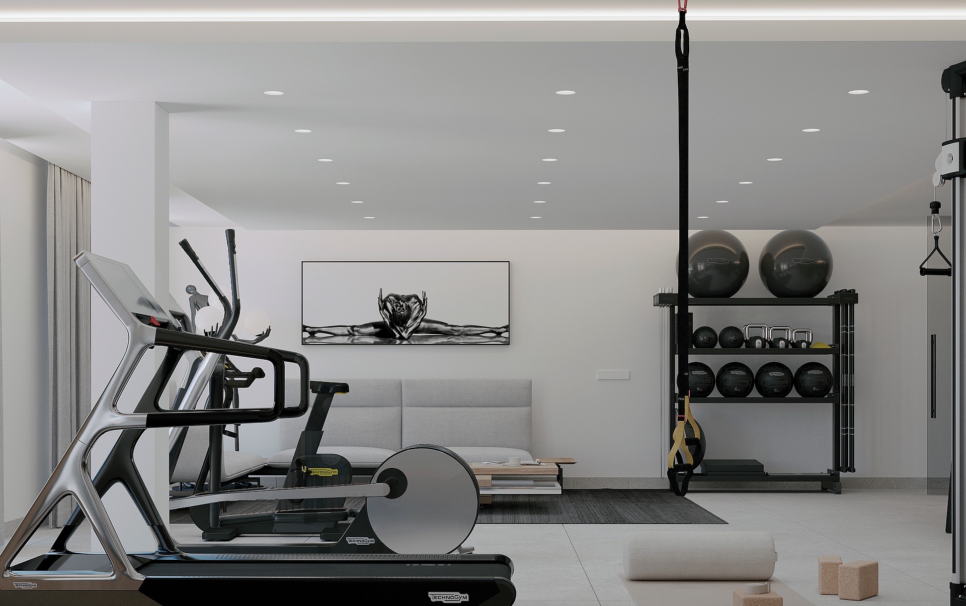 A modern home gym interior featuring a treadmill in the foreground, a suspension trainer, and a bench against a white wall.