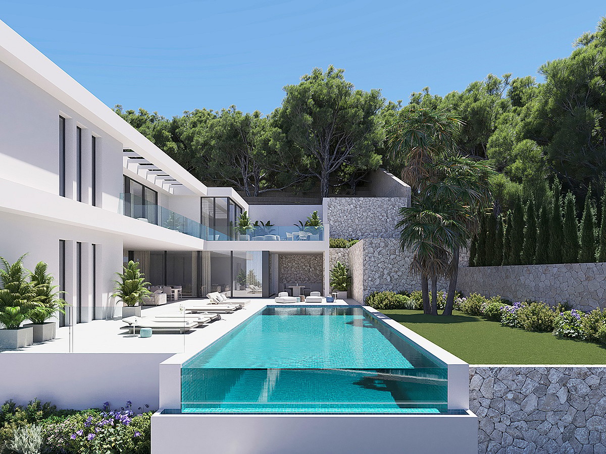 Contemporary white villa with a transparent infinity edge pool, stone terrace, and landscaped garden against a wooded slope.