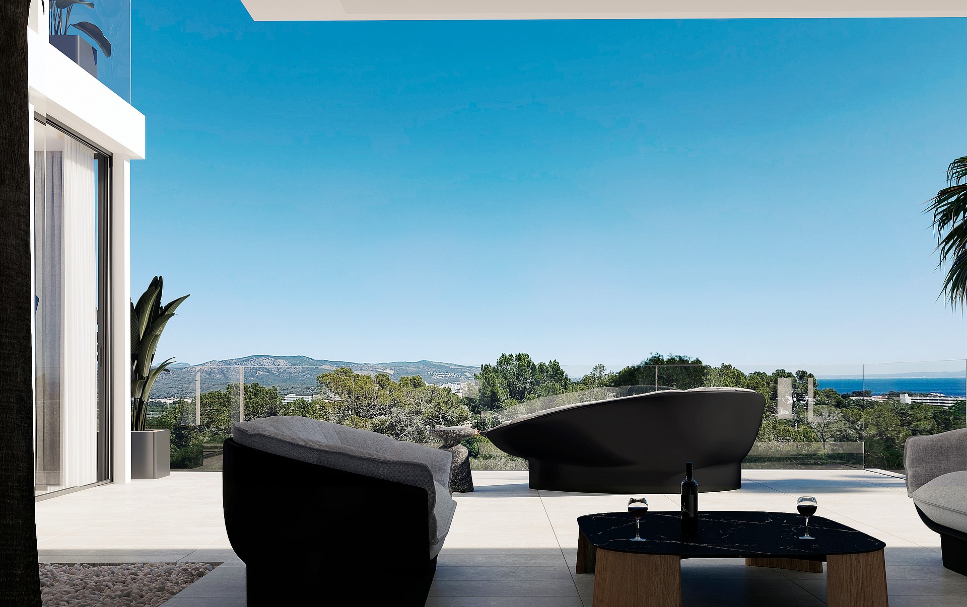 A contemporary outdoor terrace featuring black lounge seating, light stone floor tiles, and clear glass balustrades facing mountains.