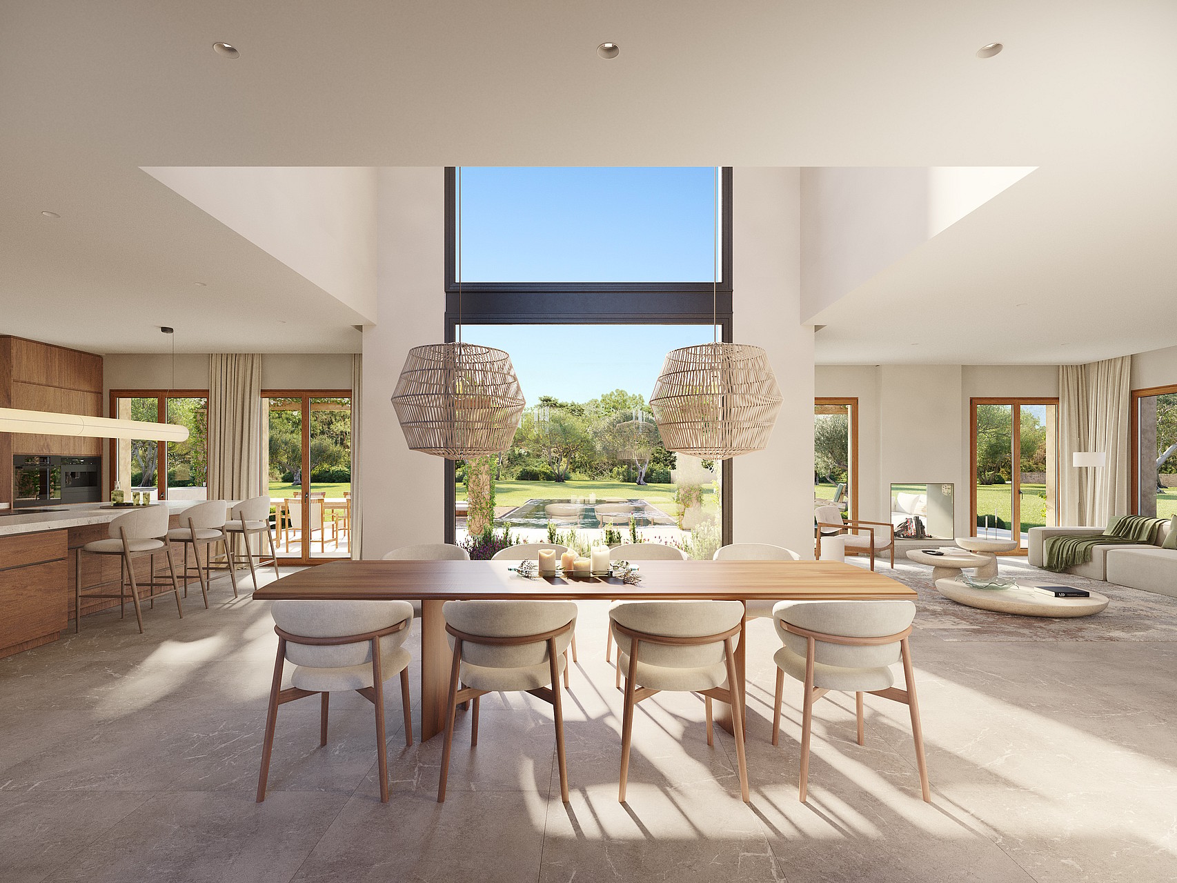Render of a kitchen island with bar stools, linear pendant light and windows framing garden views