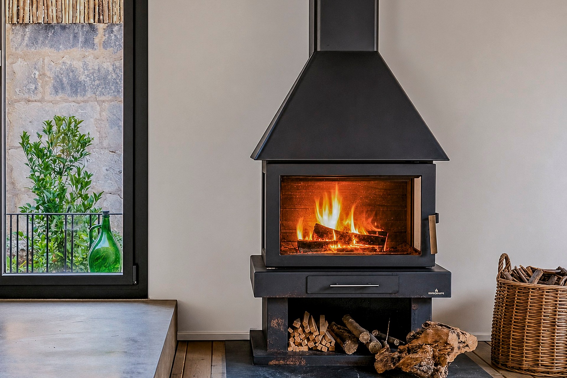 A modern black metal wood-burning fireplace stands against a white wall next to a large window revealing green foliage.
