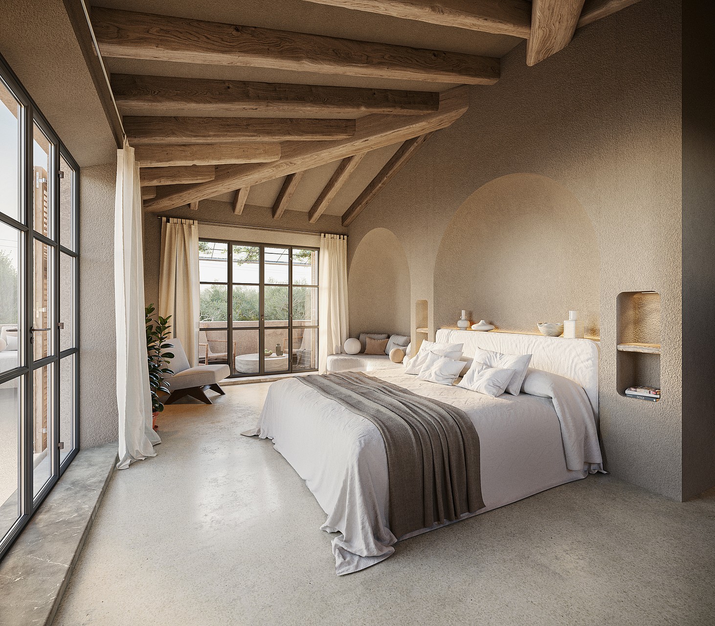 Spacious bedroom with stone walls, wooden vaulted ceiling, and large metal-framed glass doors opening to a terrace.