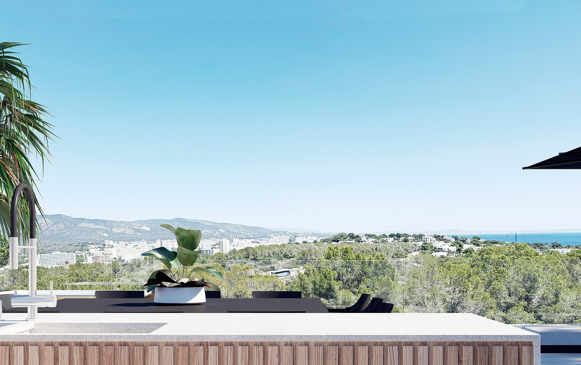 A modern kitchen island with a white countertop and fluted wood cabinetry, set against a backdrop of distant hills.