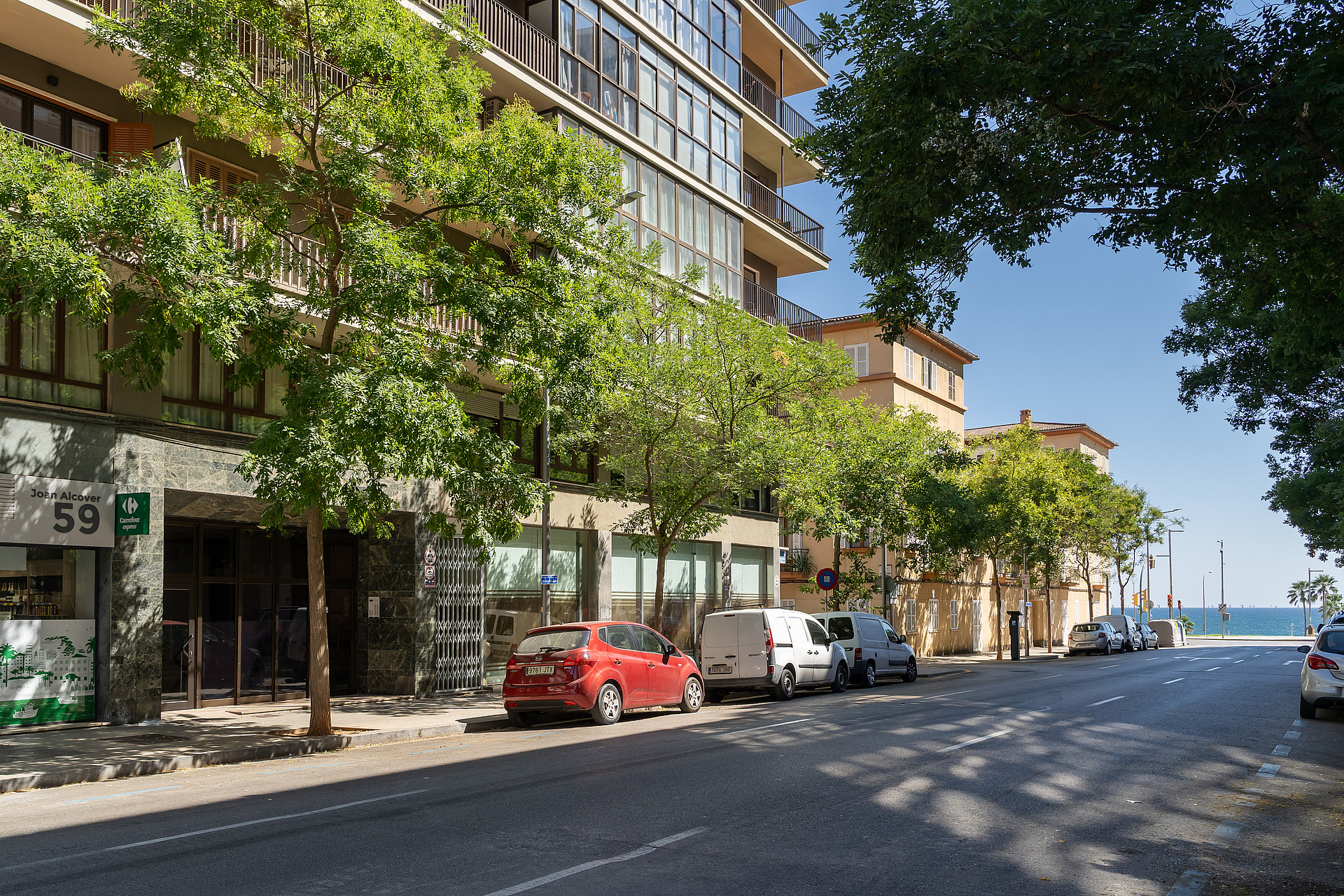 Exterior street-level view of a multi-story building facade with large trees and parked cars, situated in an urban area.