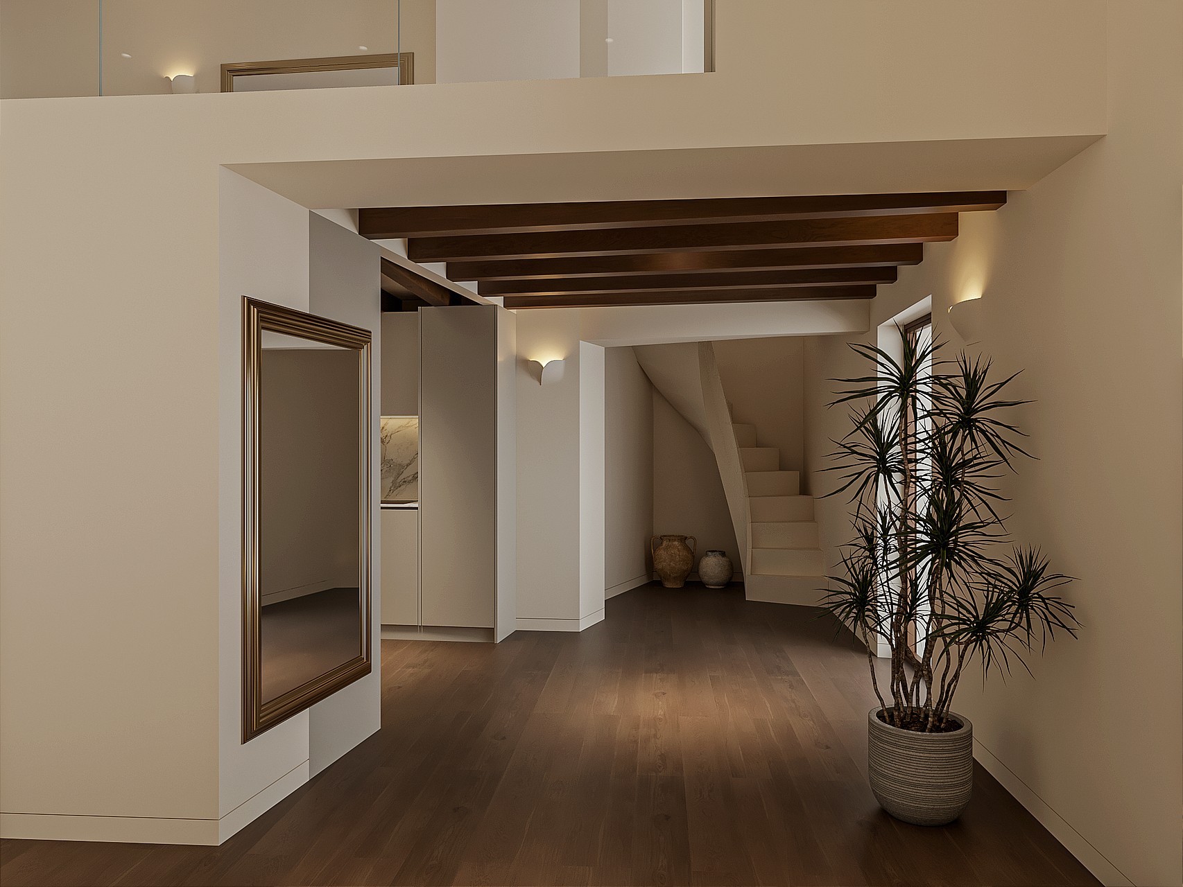 Evening view of a double-height living space with a curved staircase to a mezzanine, exposed wooden beams, oak flooring and a tall potted plant.