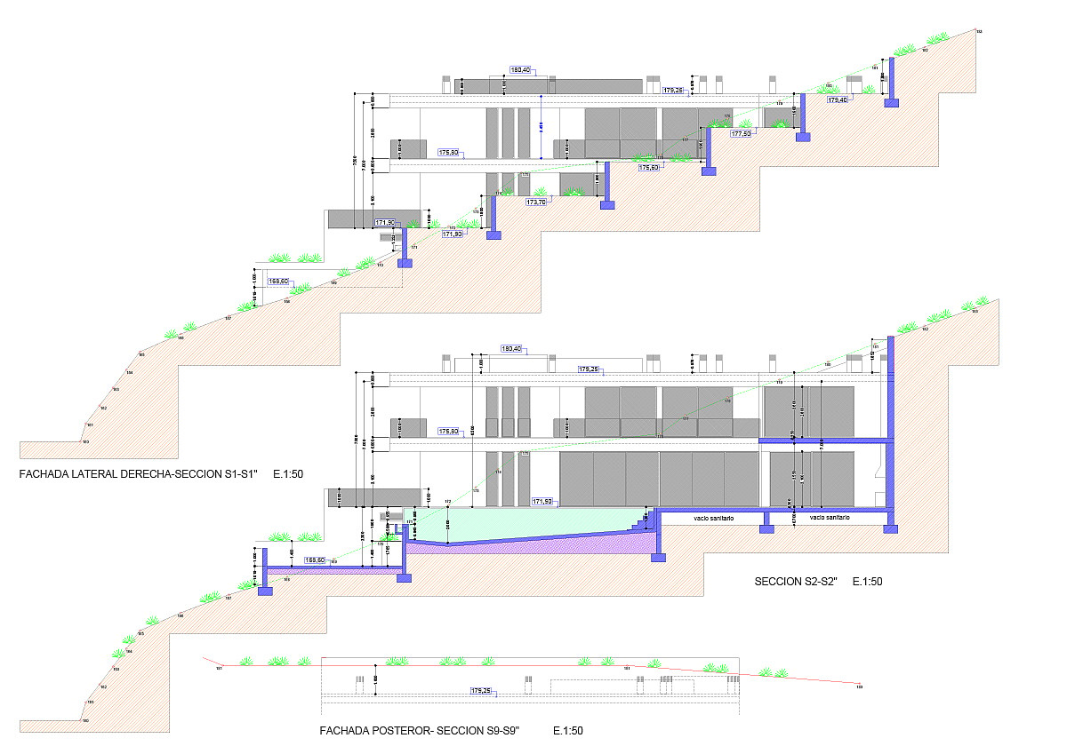 A technical architectural cross-section drawing of a multi-level hillside property, showing structural levels and terrain integration.