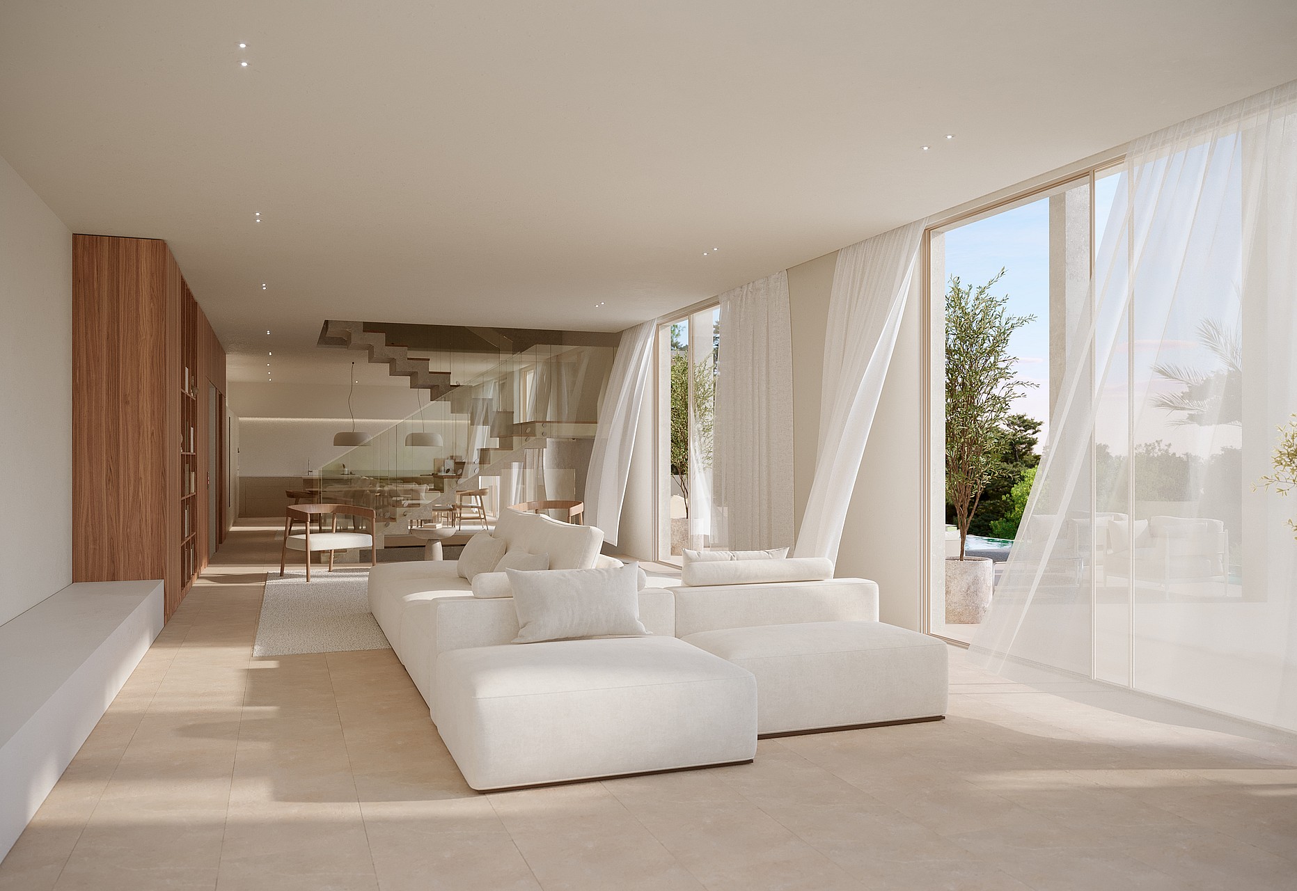 Bright open-plan living room featuring a white modular sofa, floor-to-ceiling windows, and a floating staircase.