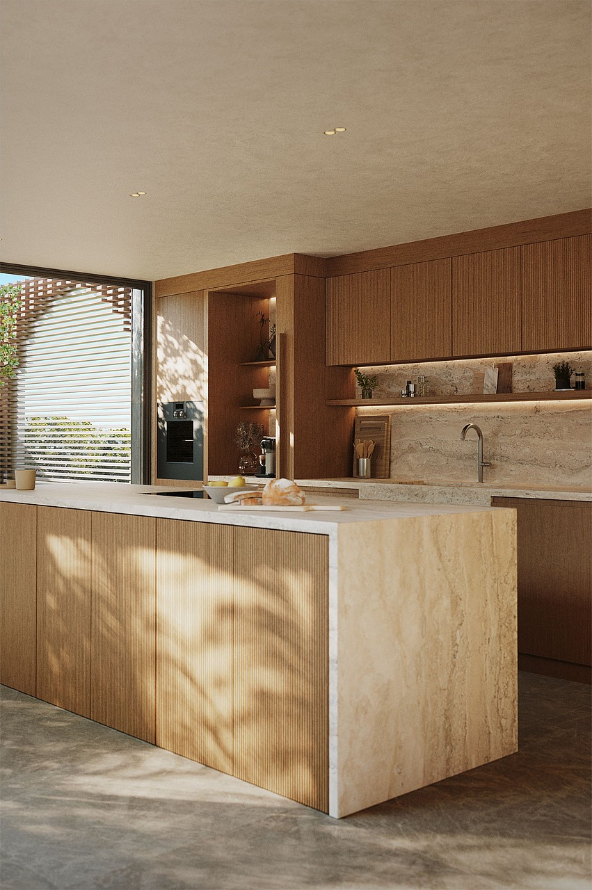 Modern kitchen island with fluted wood front and stone countertop, featuring integrated appliances and soft natural lighting.
