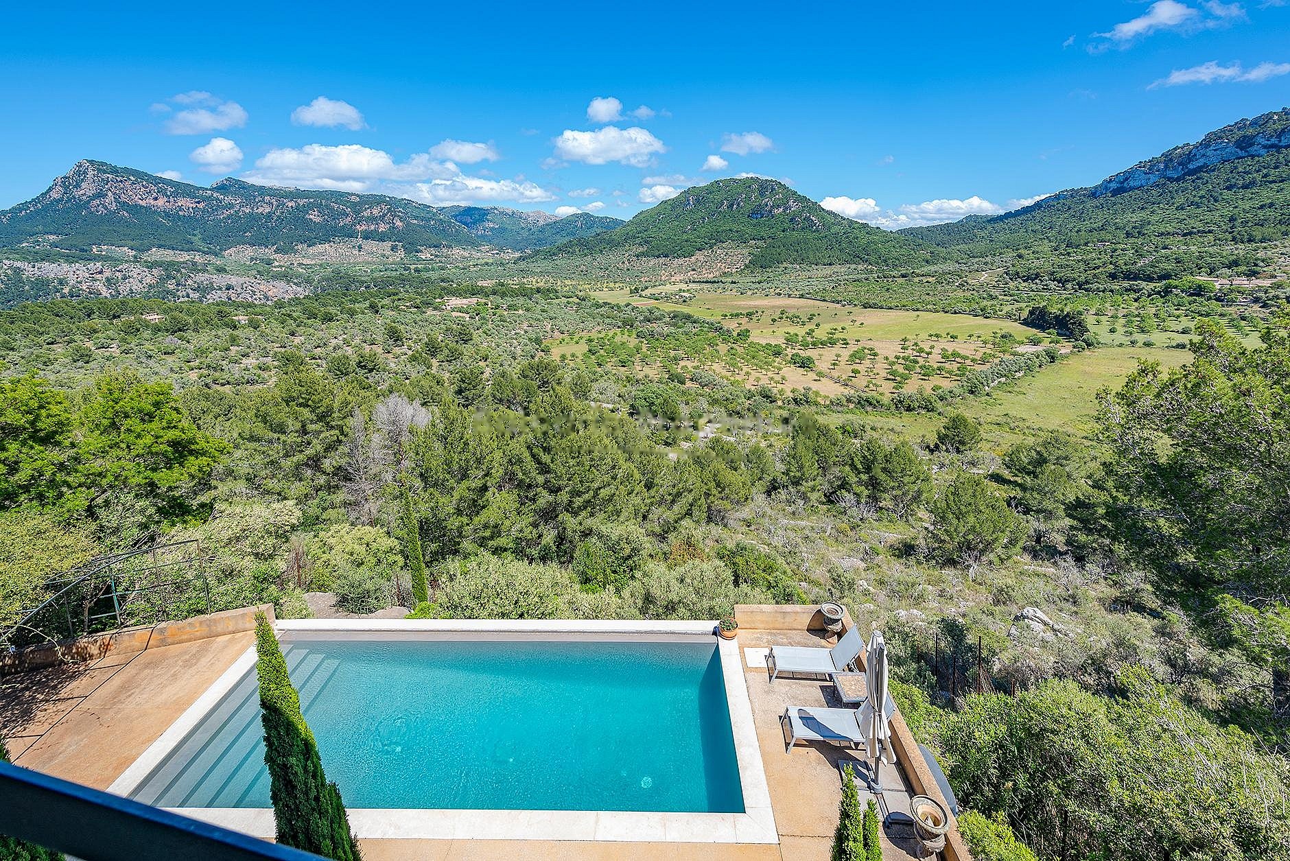 Blue rectangular swimming pool with mountain panorama and native woodland in background