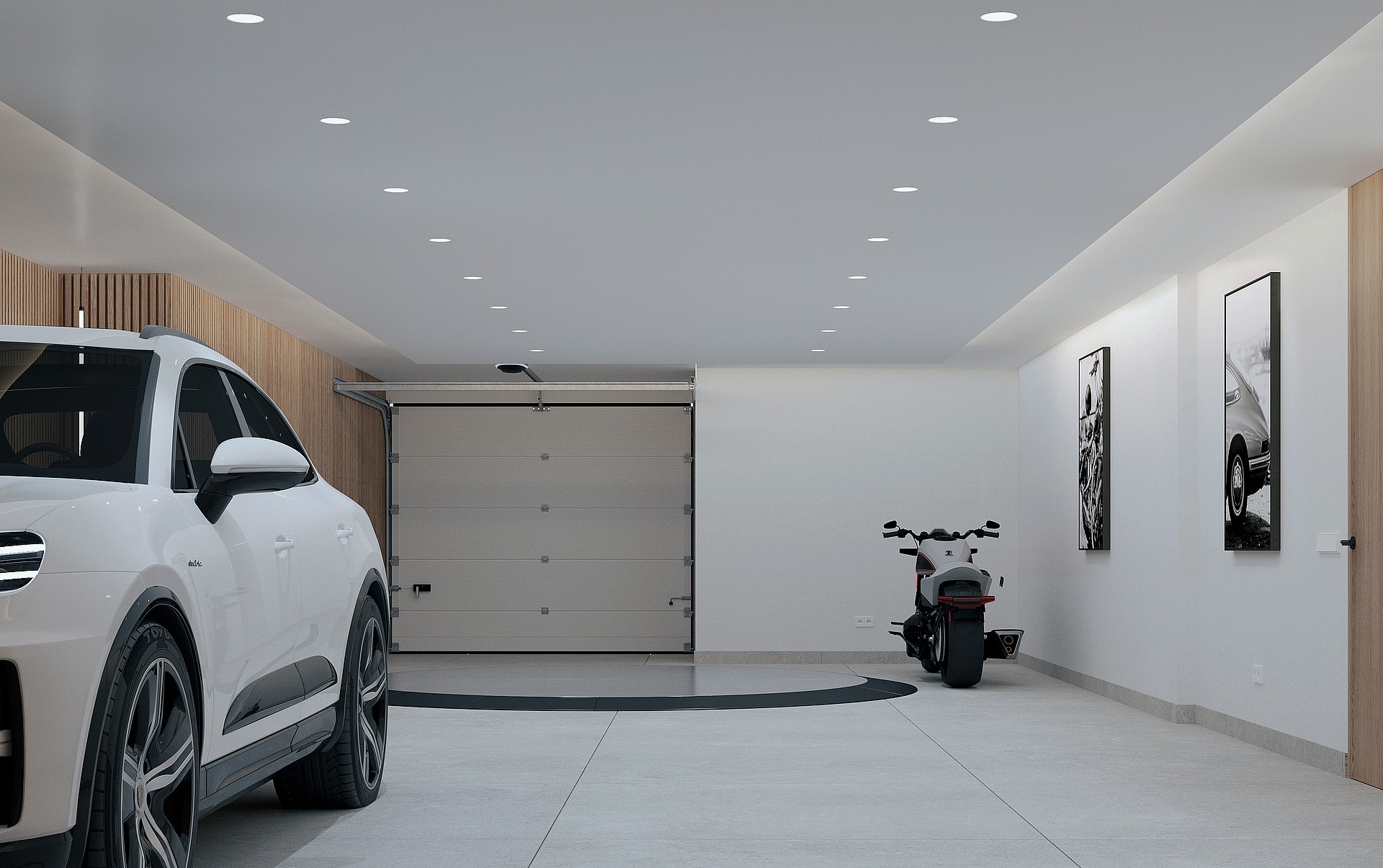 A modern, minimalist private indoor garage featuring a white car parked on a circular rotating platform with light wood slat wall paneling.