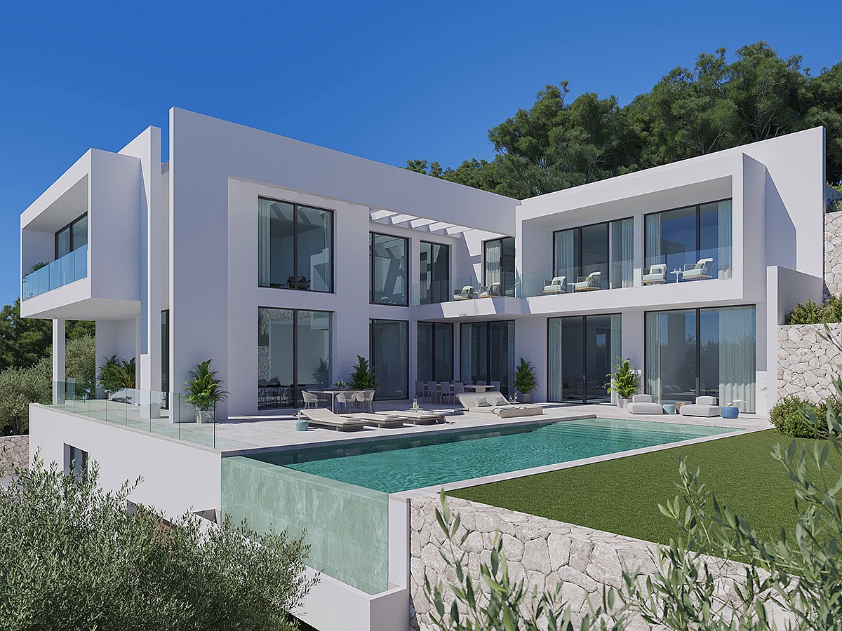 A modern two-story white villa with floor-to-ceiling glass windows and a swimming pool overlooking a mountainous landscape.