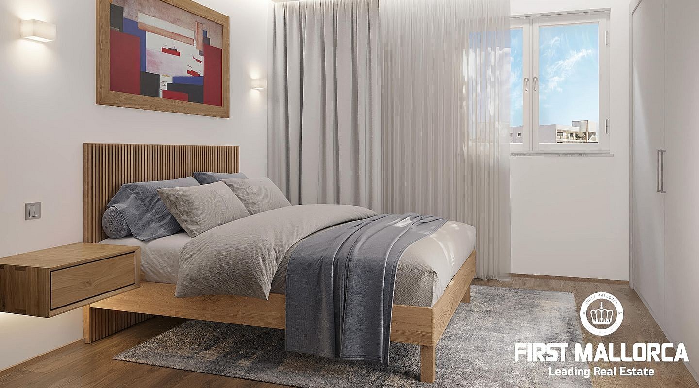 A modern bedroom featuring a light oak bed frame with a vertical-slatted headboard, soft grey textiles, a textured rug, and a wall-mounted nightstand under a framed print.