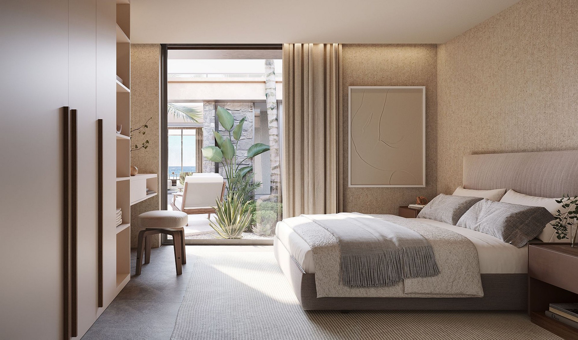 A modern bedroom featuring a neutral color palette, integrated floor-to-ceiling wardrobes, and large sliding doors leading to a private terrace.