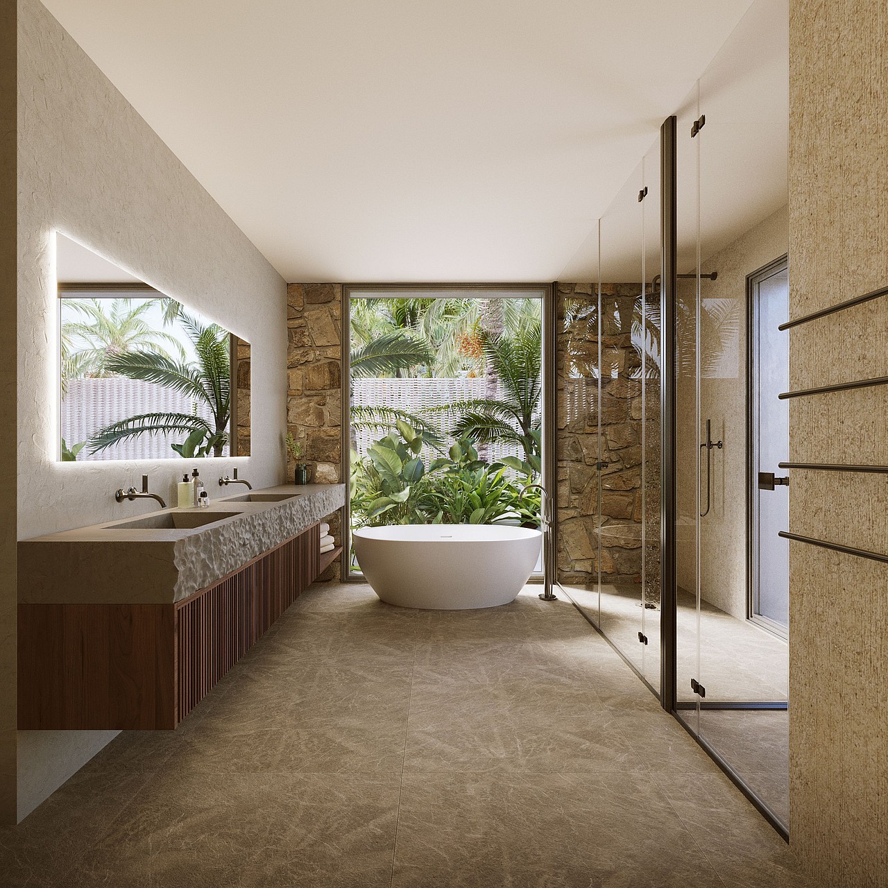 Modern master bathroom featuring a white freestanding bathtub, long stone vanity, and a large window looking onto a green garden.