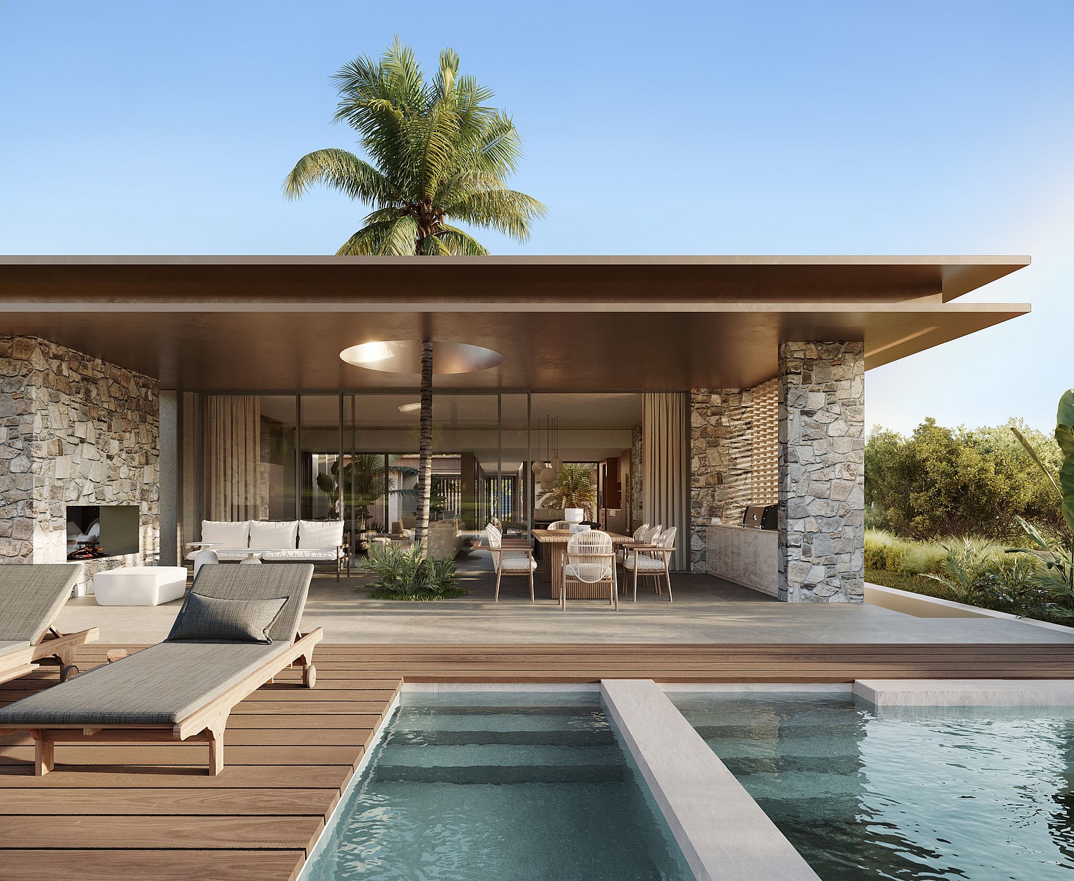 Contemporary villa terrace featuring a rectangular swimming pool, wooden decking, and stone-clad structural pillars.