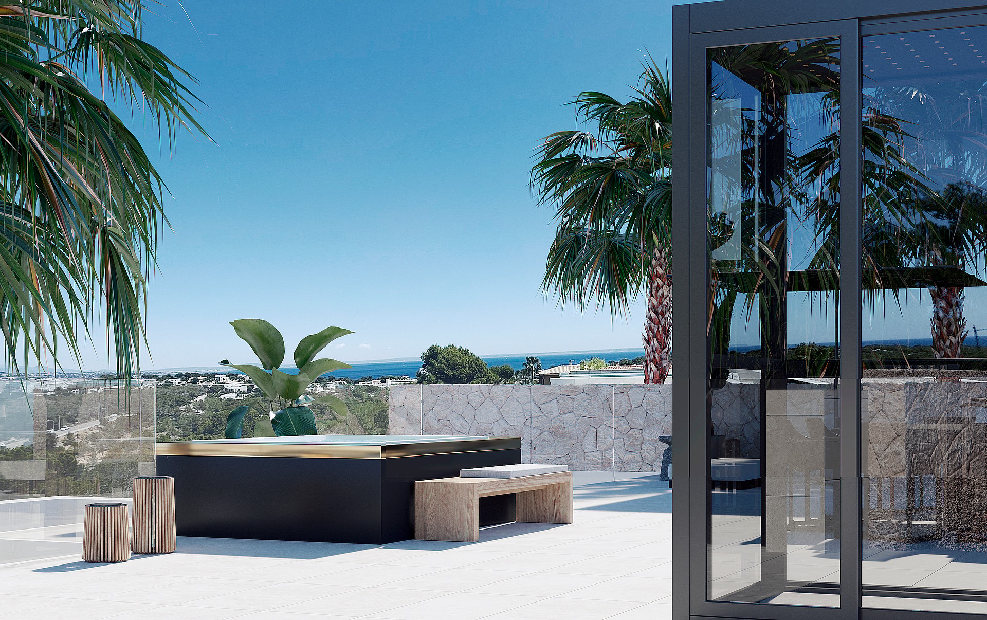 An elevated terrace with a dark-sided jacuzzi, light stone walls, and a view of the Mediterranean coastline.