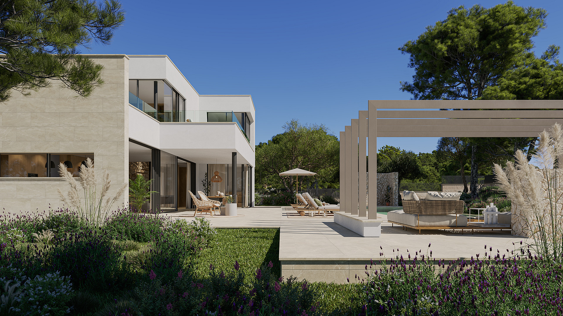 Contemporary two-story villa in Son Gual with clean white lines, large glass windows, and an outdoor terrace with pergola.