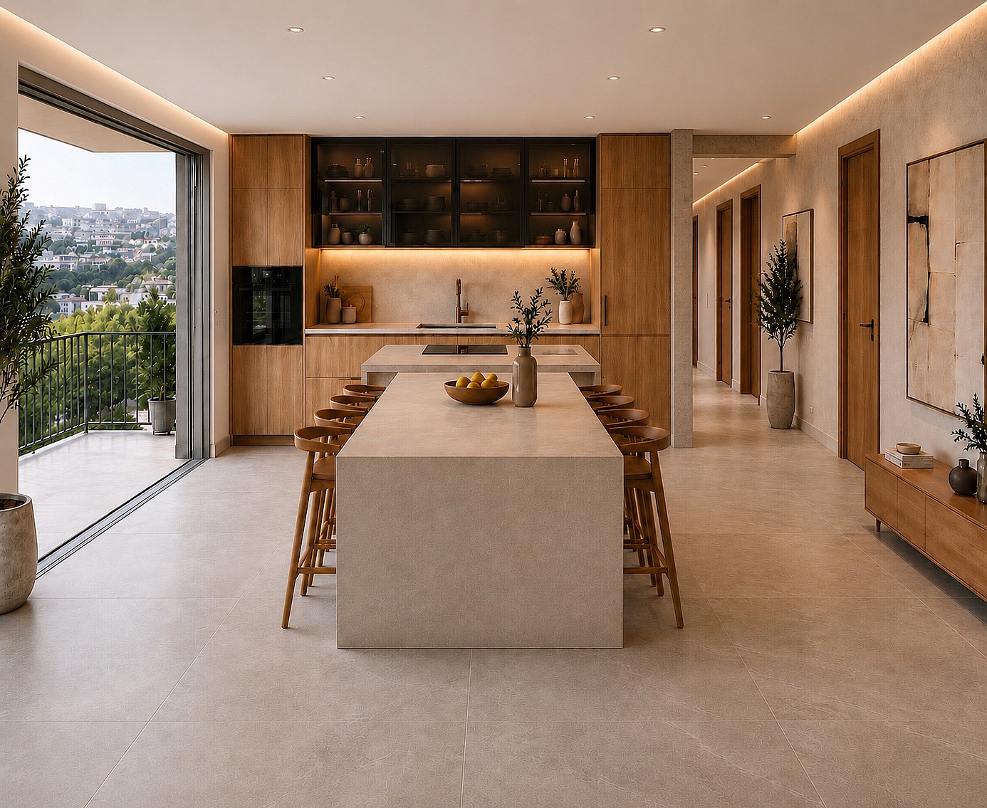 renders of the kitchen island with carpentry and cabinets with an extended sitting dining table