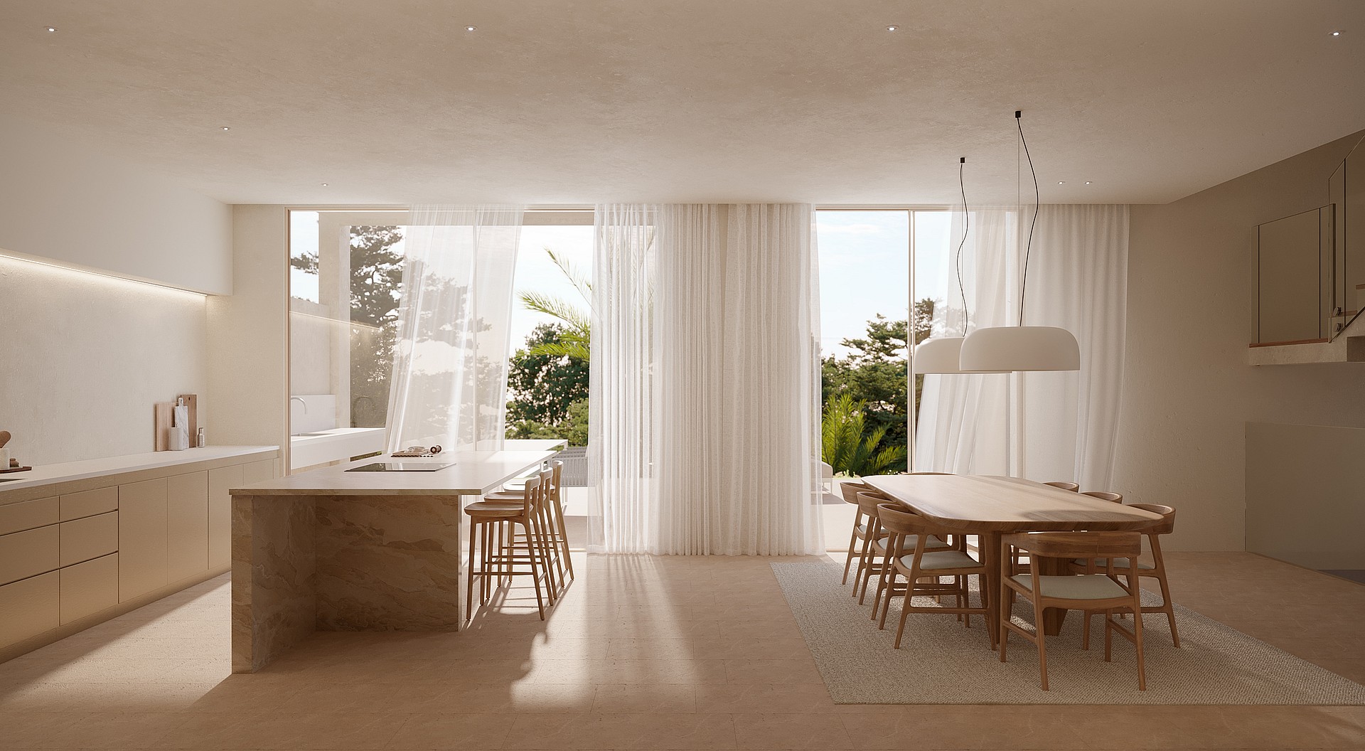 Minimalist interior with a stone kitchen island and wooden dining set near floor-to-ceiling windows with sheer curtains.