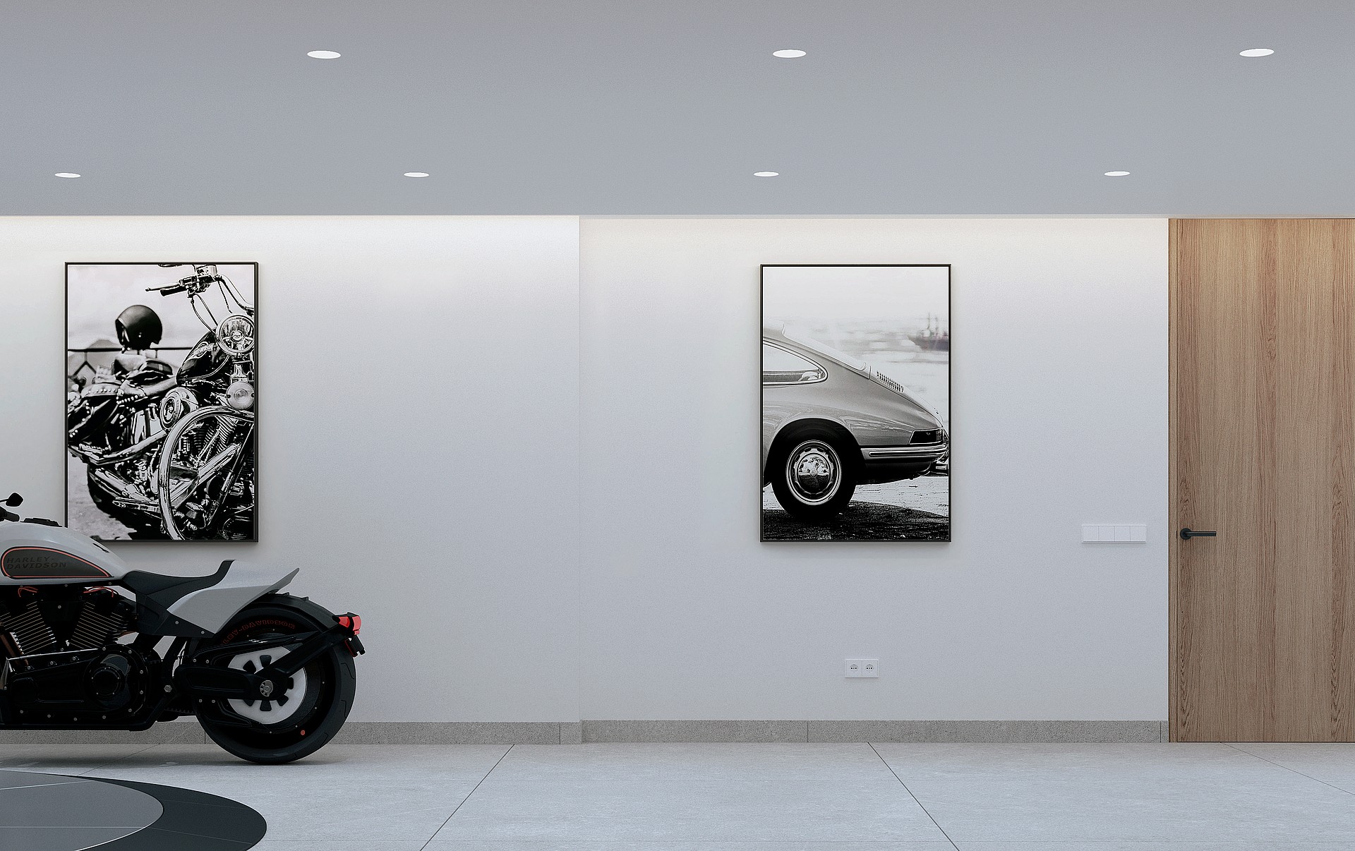 A modern, minimalist garage with white walls, recessed ceiling lights, and framed monochrome photography on the walls. A custom motorcycle is parked on a grey tiled floor.