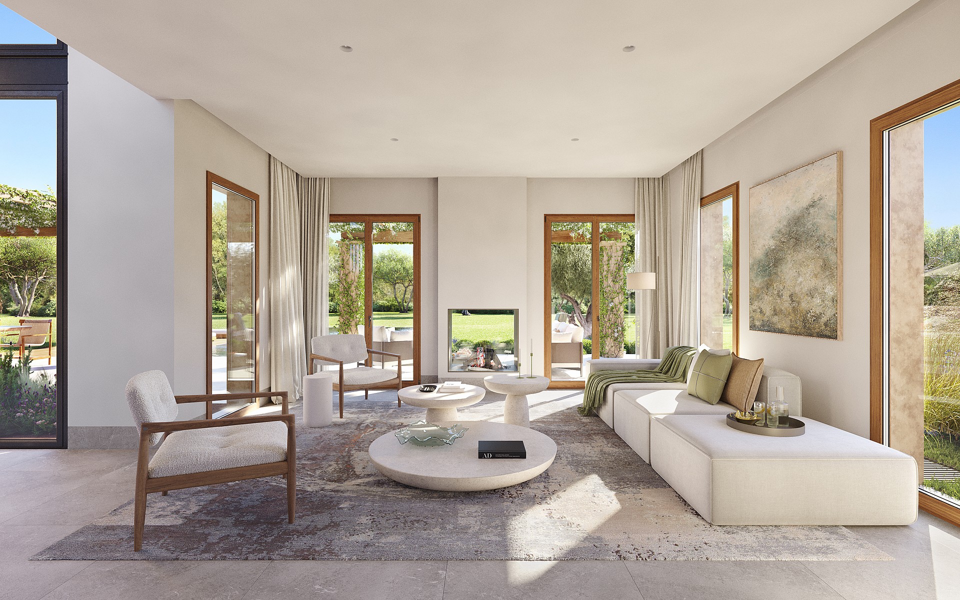 Render of a lounge with modular sofa, armchairs and a double-sided glass fireplace between terrace doors
