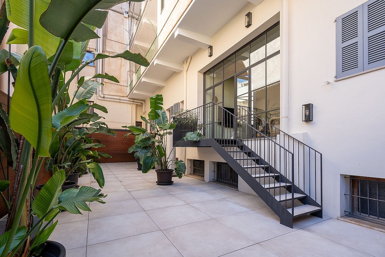 A private outdoor courtyard with light stone paving, lush potted plants, and a black metal staircase leading to a glazed entrance.