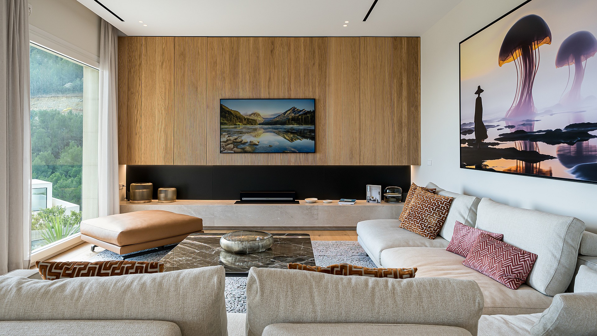 Modern living room featuring a vertical oak slat wall, integrated flat-screen TV, low stone media console, and light-toned sofa.