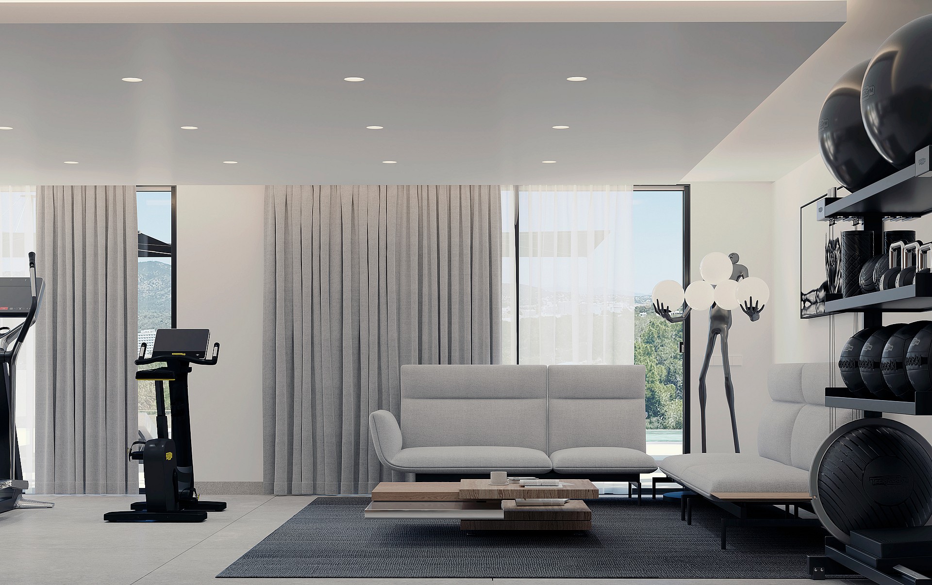 A modern home gym featuring white minimalist sofas, a wooden coffee table, and an organized rack of black kettlebells.