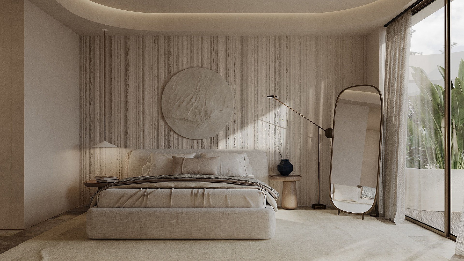 Modern bedroom with a central bed, vertical slat wall paneling, a large floor mirror, and floor-to-ceiling glass windows.