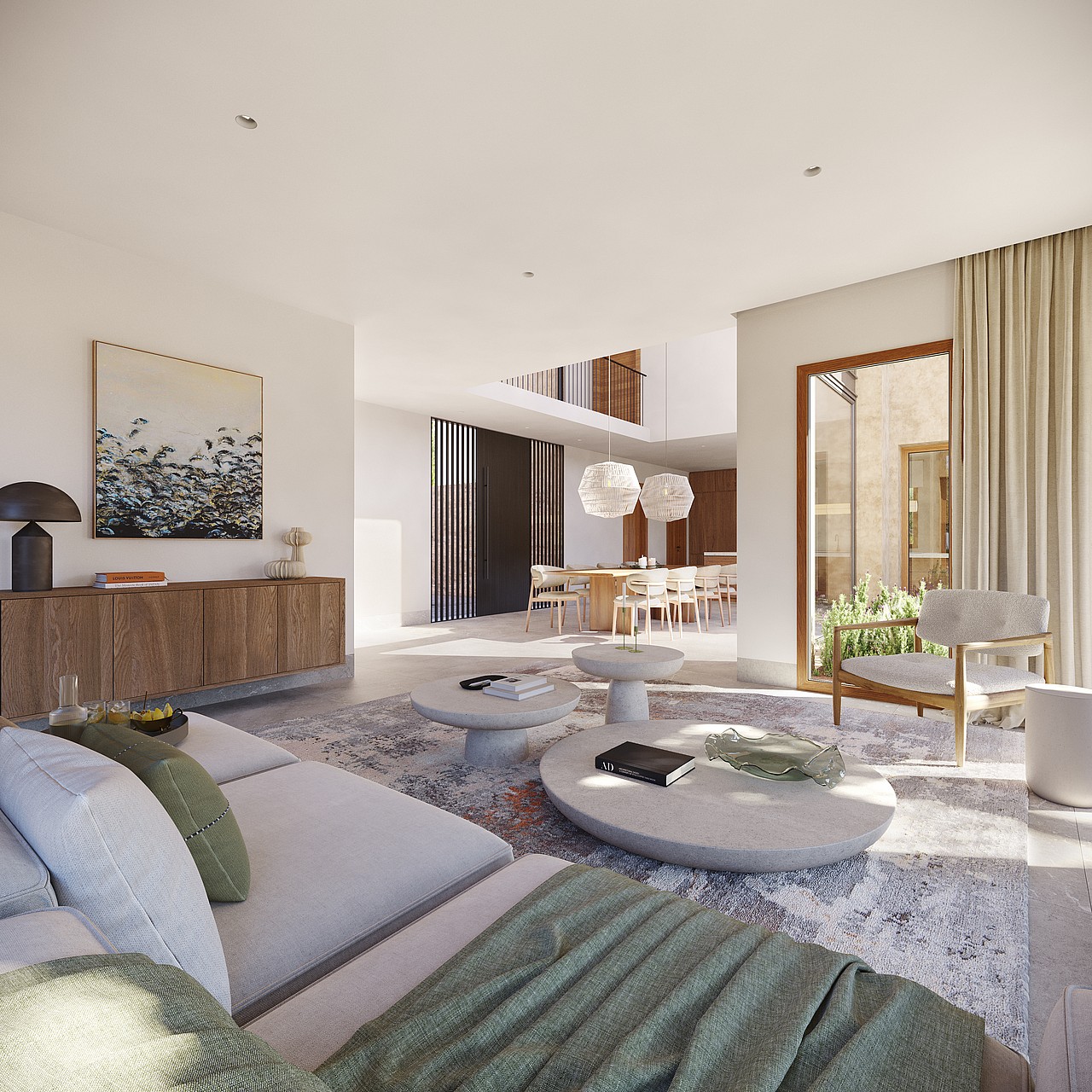 Render of an open-plan living room with kitchen island, dining table and floor-to-ceiling glazing