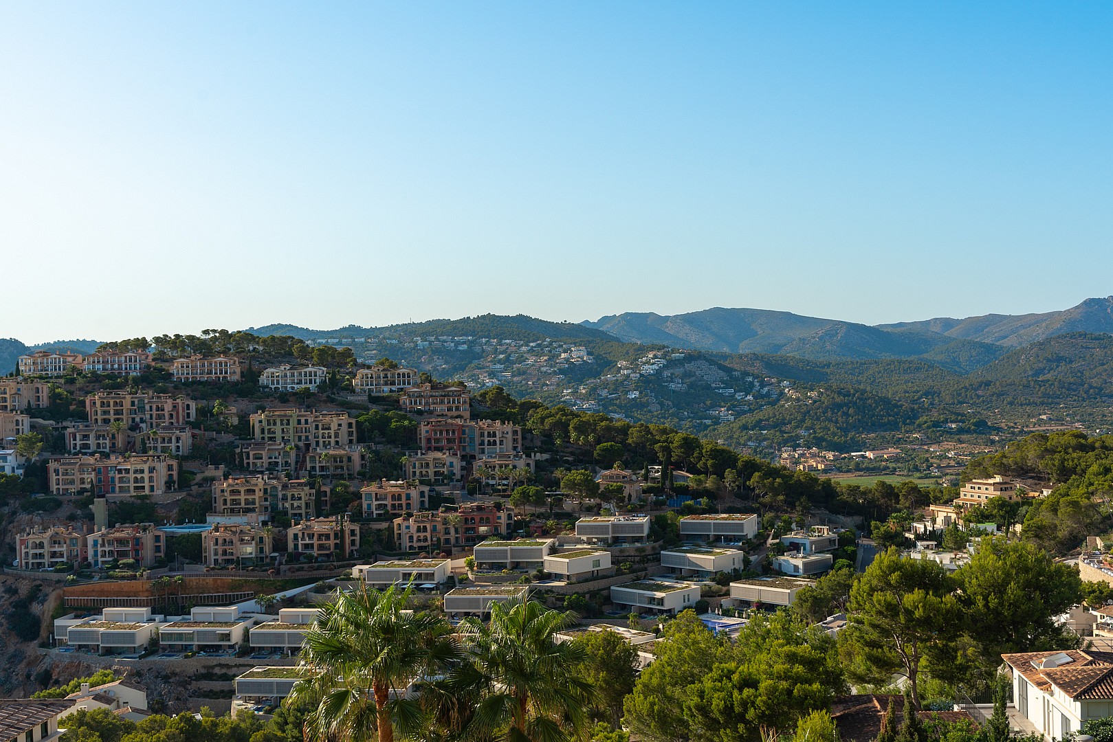 Aerial perspective of a hillside village in Port d'Andratx, showing terraced Mediterranean villas amidst dense vegetation.