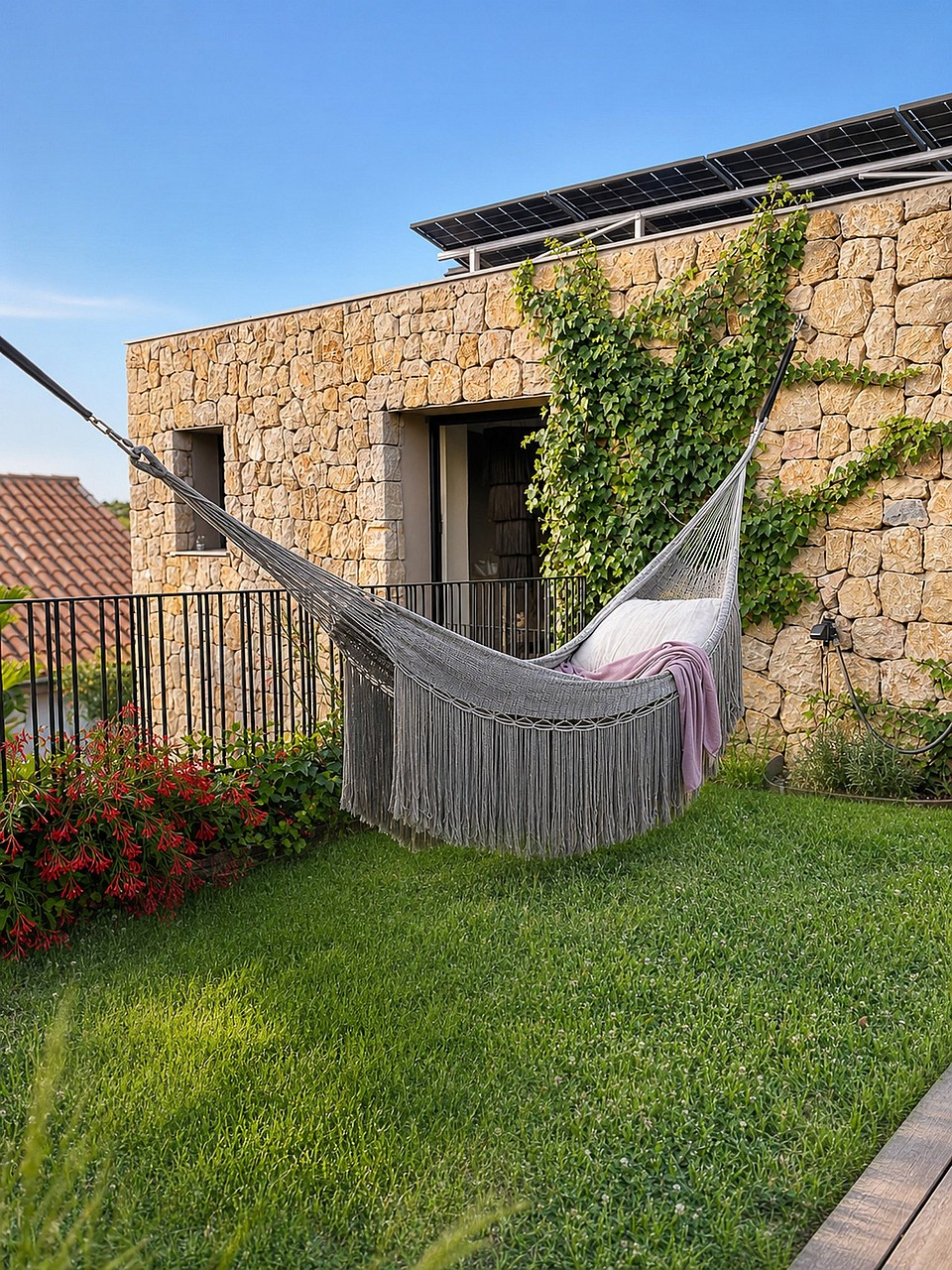 A grey fringed hammock hangs in a grassy garden in front of a rustic, light-colored natural stone wall of a villa.