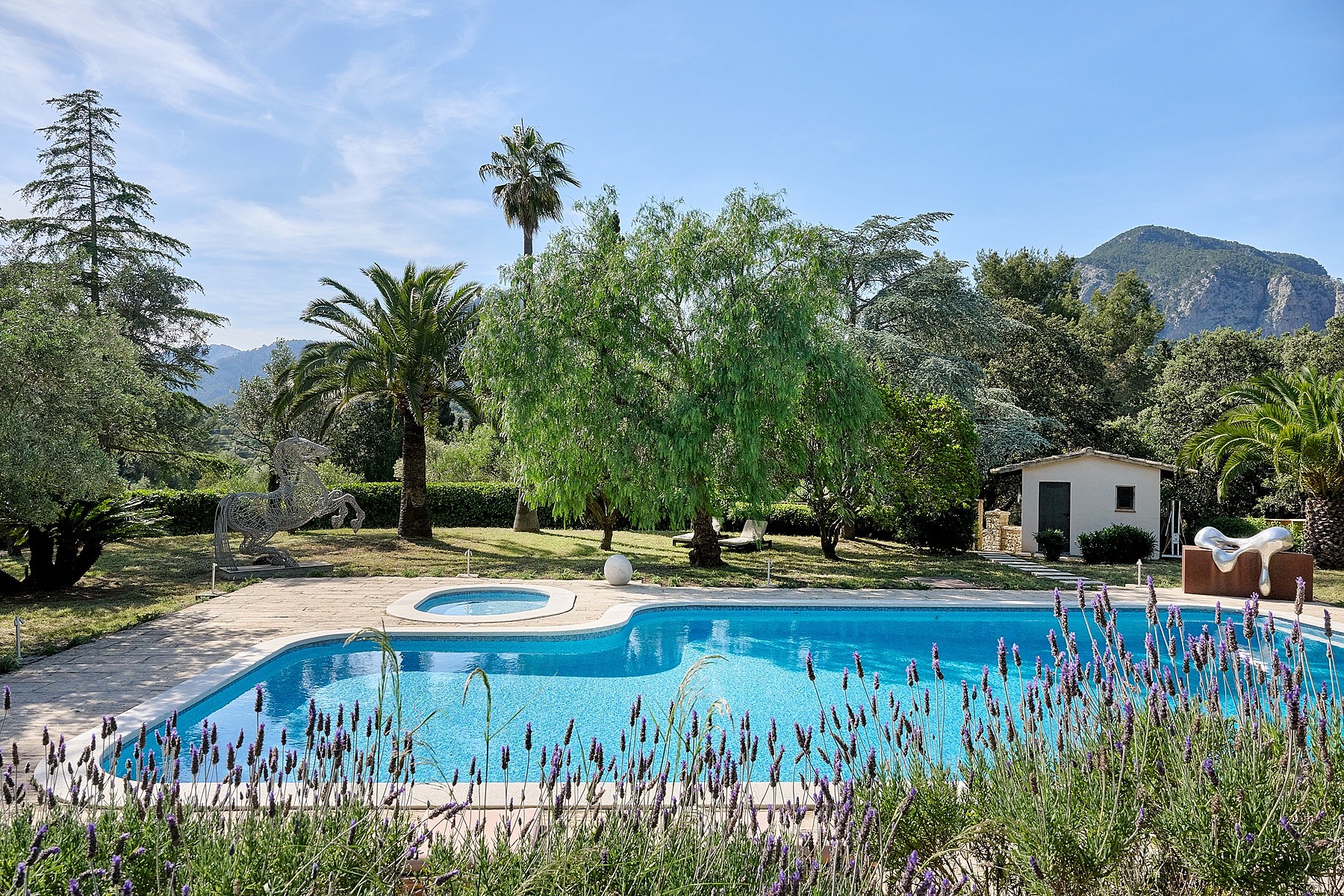 A blue swimming pool sits in a mature garden with palm trees, lavender in the foreground, and mountains in the distance.