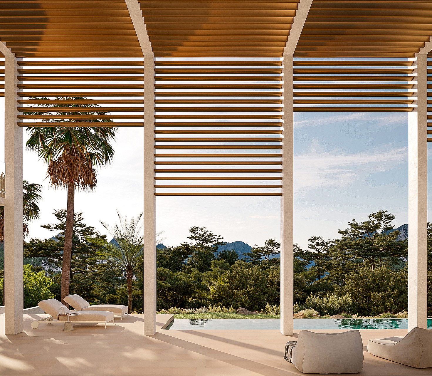 A contemporary terrace with a slatted wood pergola, sun loungers, and an infinity pool overlooking a mountain landscape.