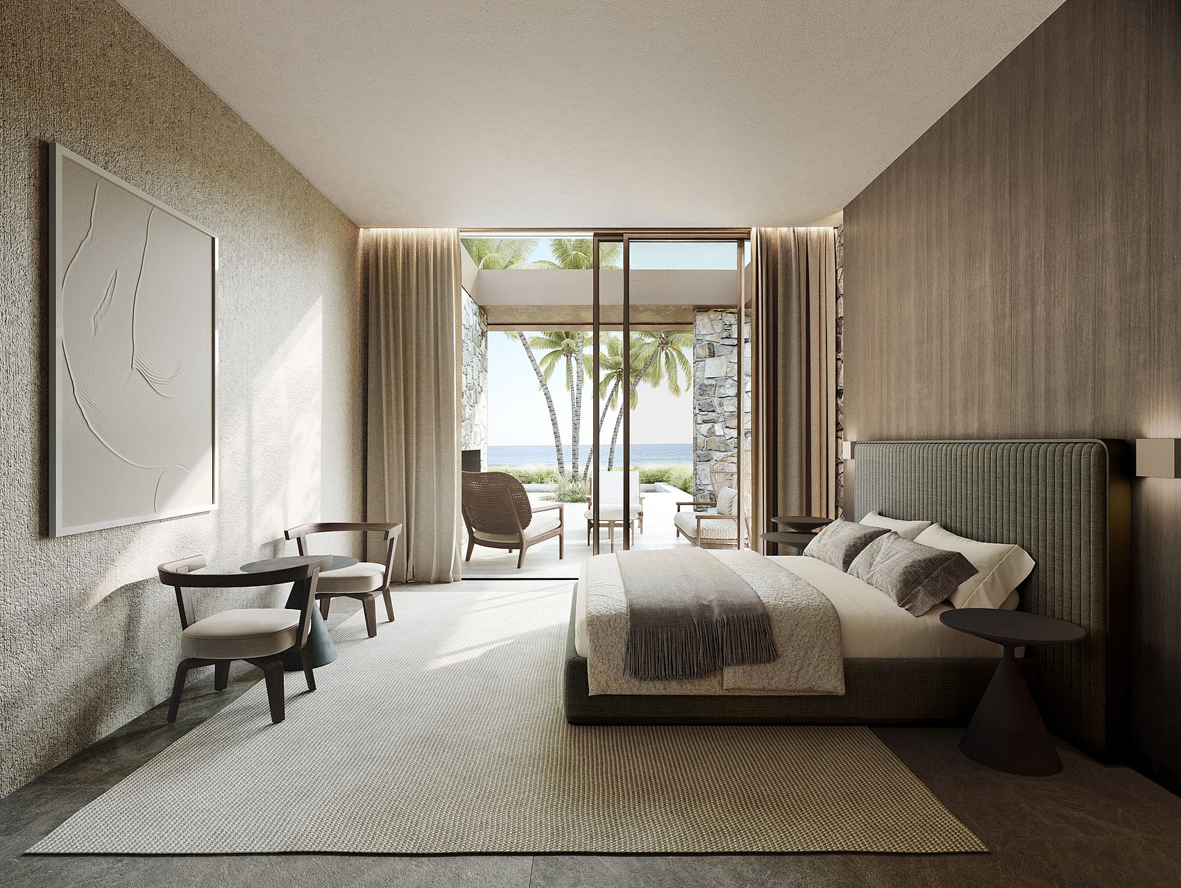 A modern bedroom with a large bed, textured walls, and floor-to-ceiling glass doors opening onto a terrace with sea views.