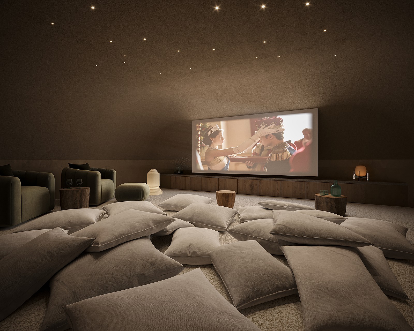 A cozy home theater with a curved vaulted ceiling, recessed spotlights, and numerous floor cushions for seating.