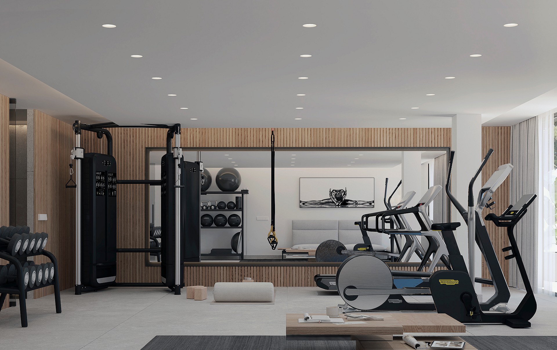 A modern home gym featuring Technogym equipment, slatted wood wall paneling, full-width mirror, and recessed ceiling lighting.