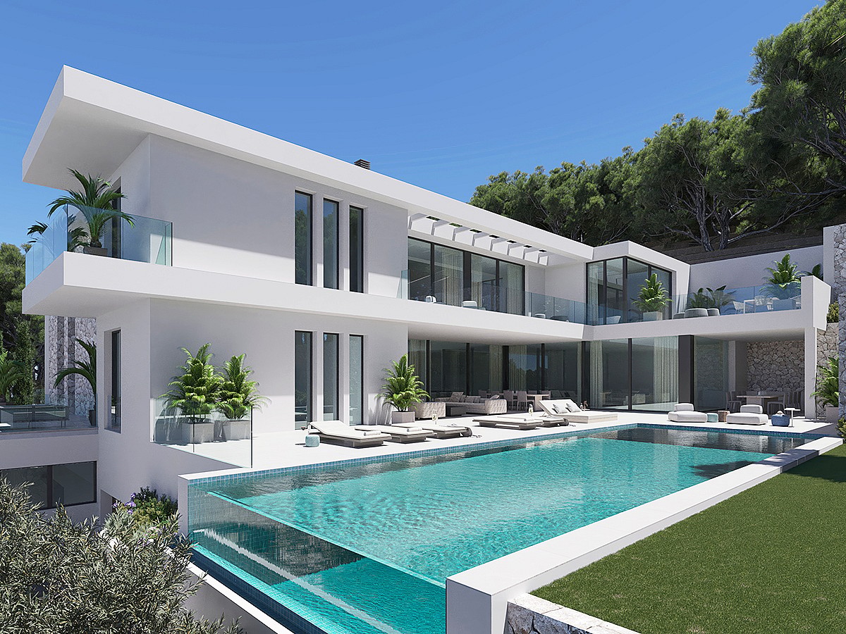 Two-story white modern villa in Son Vida featuring an infinity pool, extensive glass balconies, and landscaped mountain views.