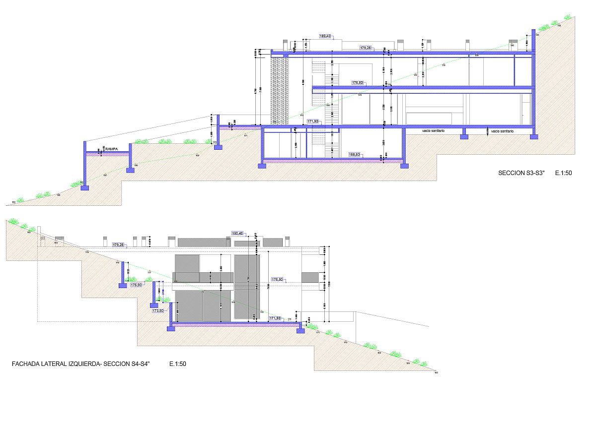 Technical cross-section diagram of the proposed residence showing tiered levels and structural foundation on sloping terrain.