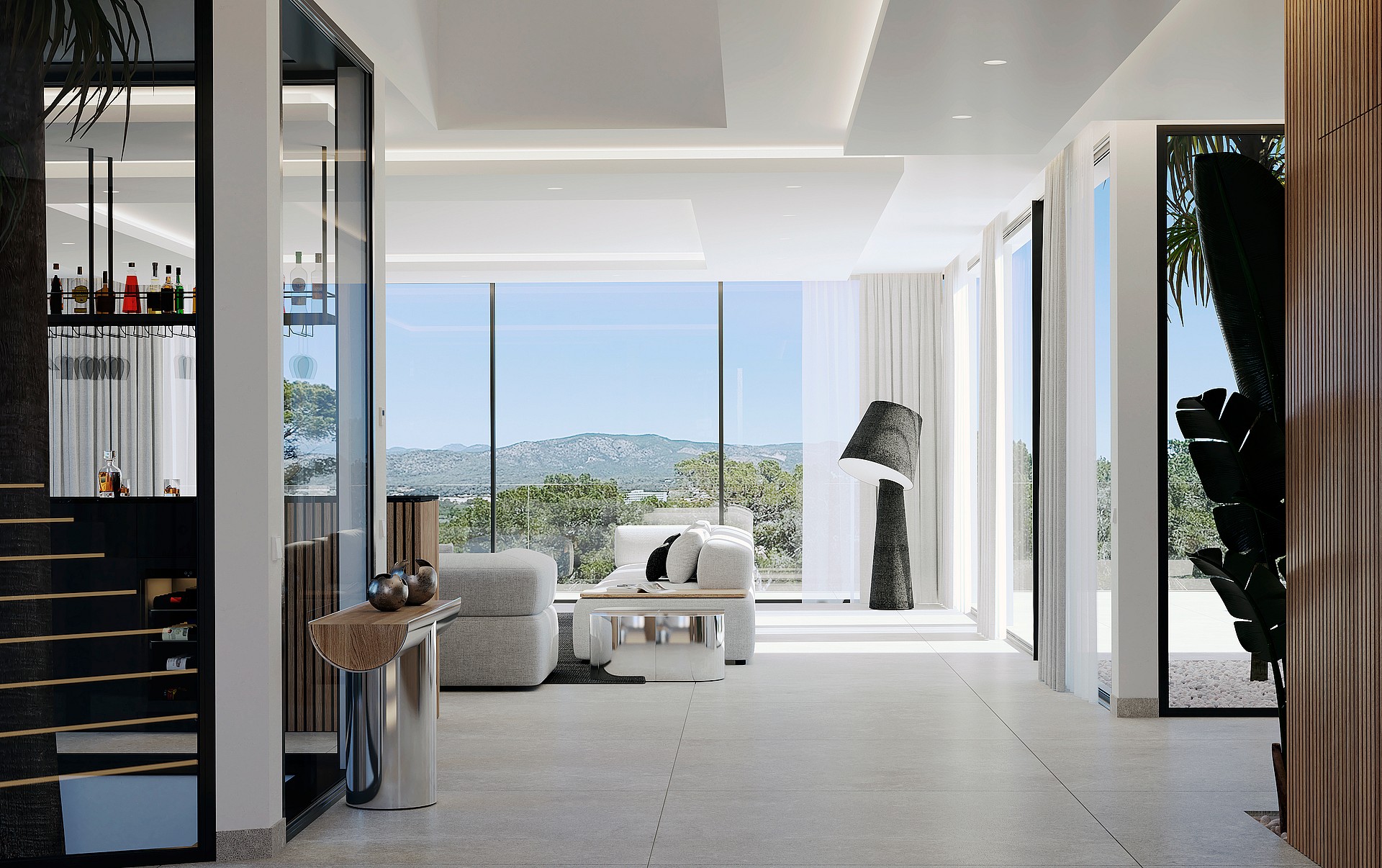 A modern living space features a glass-enclosed wine wall, light gray sectional sofa, and expansive floor-to-ceiling windows.