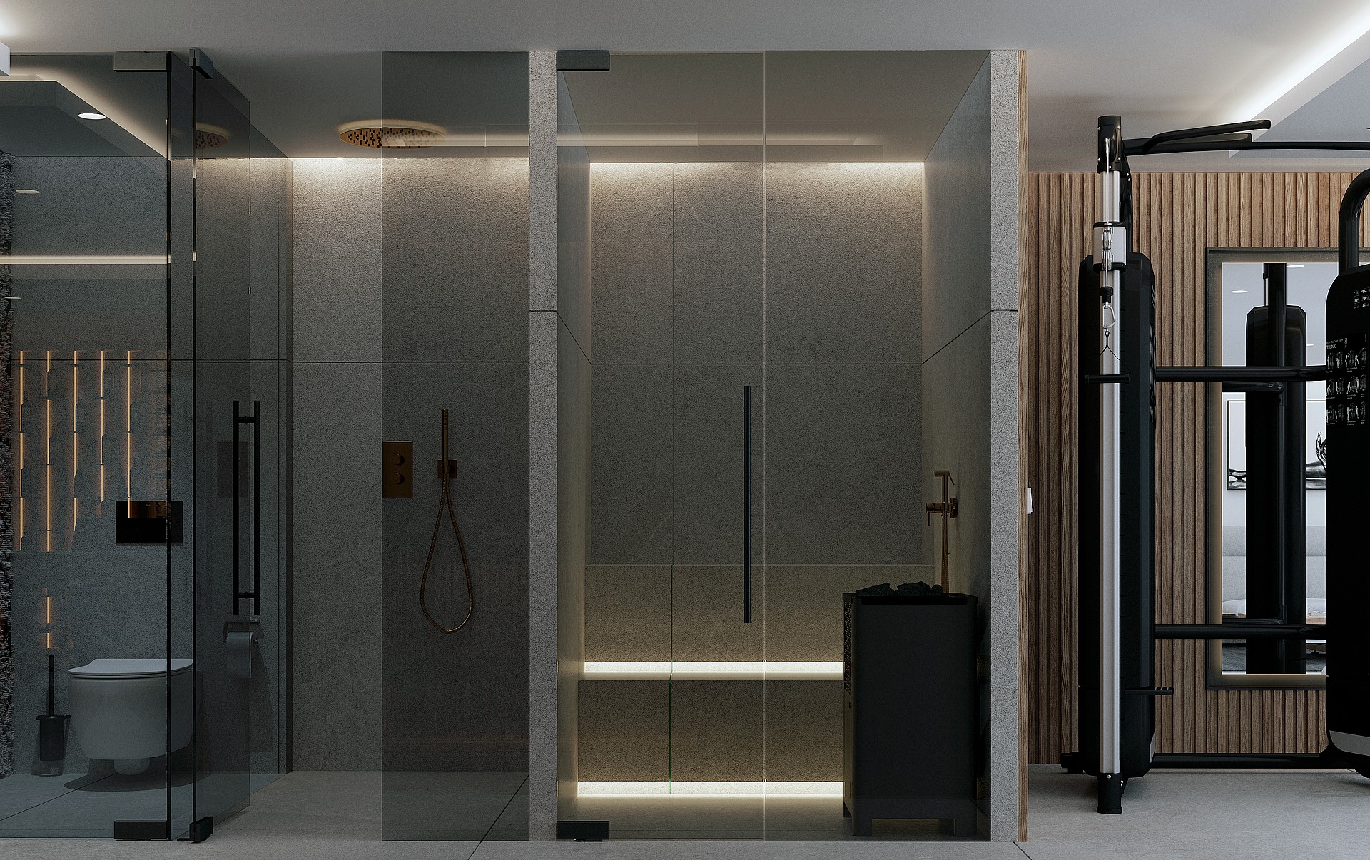 A modern home gym interior with black strength training equipment next to a glass-enclosed shower area featuring stone tiling and hidden LED lighting.