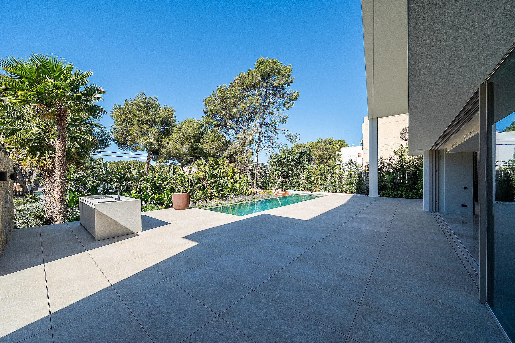 Wide view of a stone-paved terrace with a rectangular swimming pool, palm trees, and native greenery against a blue sky.