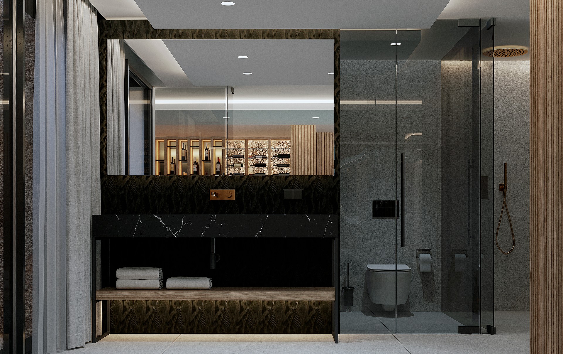 Modern bathroom vanity featuring a black marble countertop, open wood shelving, large mirror, and recessed ceiling lighting.