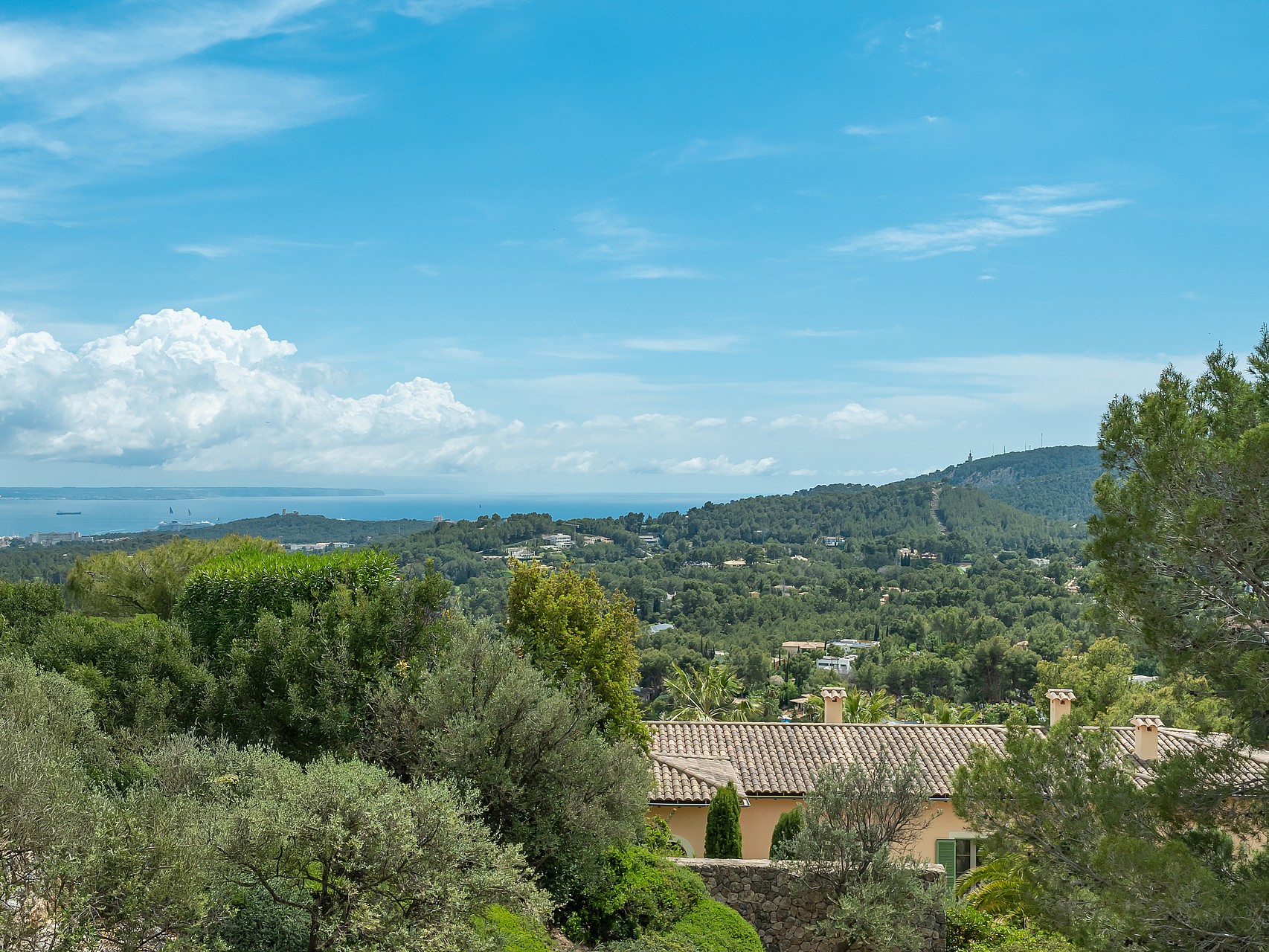 Elevated southwest-facing view from Son Vida villa across pine and olive woodland toward Palma Bay and the Mediterranean, with sailing boats visible on the water