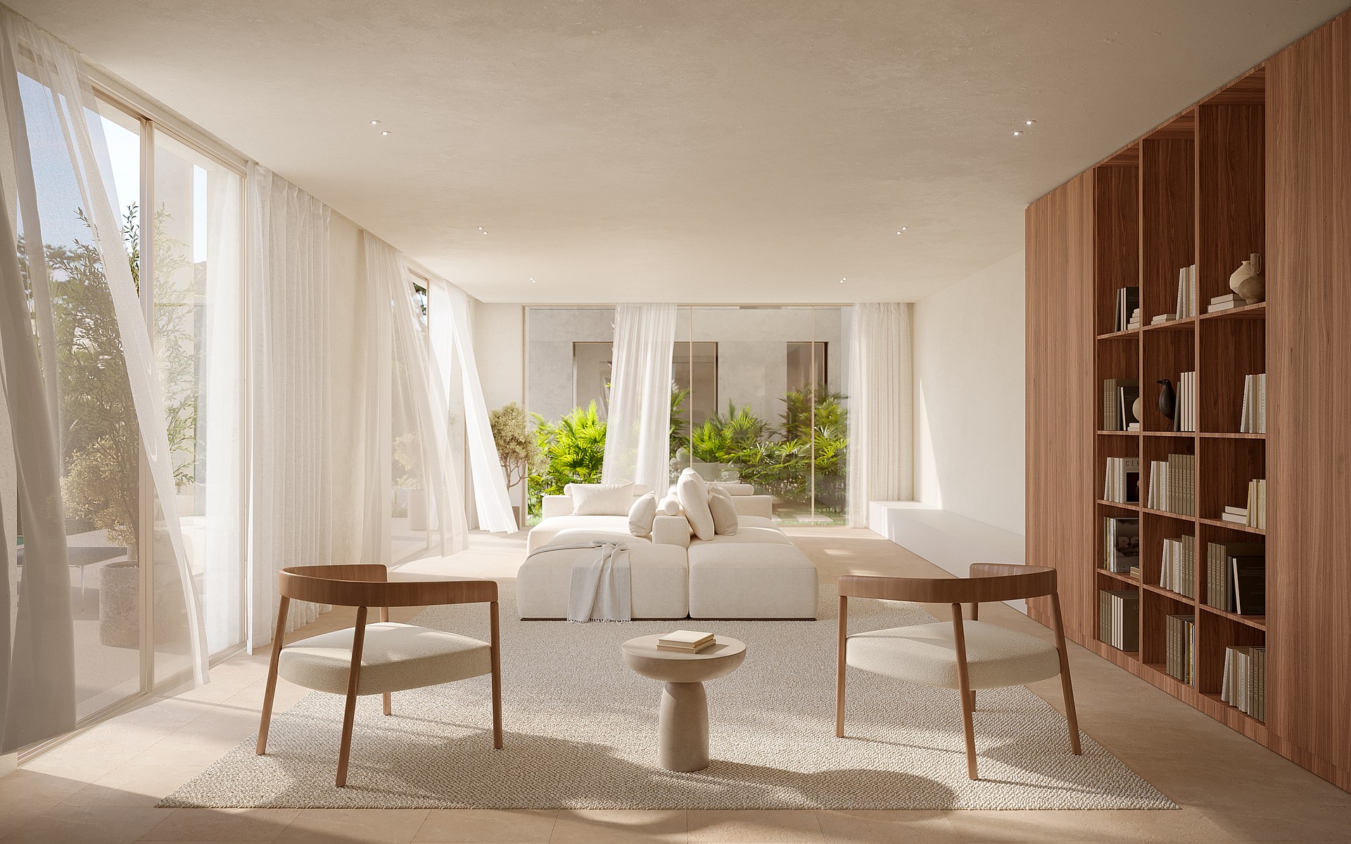 Minimalist living room featuring a modular white sofa, floor-to-ceiling wood shelving, and windows facing a lush garden.